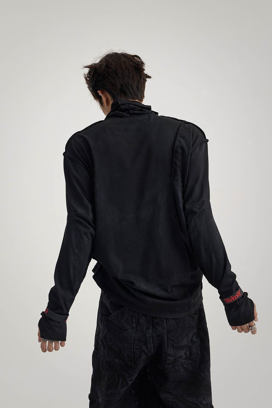 FLYERRER Distressed Reversible Spliced High-Neck L/S Tee, premium urban and streetwear designers apparel on PROJECTISR.com, FLYERRER