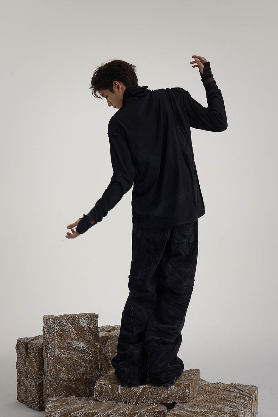 FLYERRER Distressed Reversible Spliced High-Neck L/S Tee, premium urban and streetwear designers apparel on PROJECTISR.com, FLYERRER
