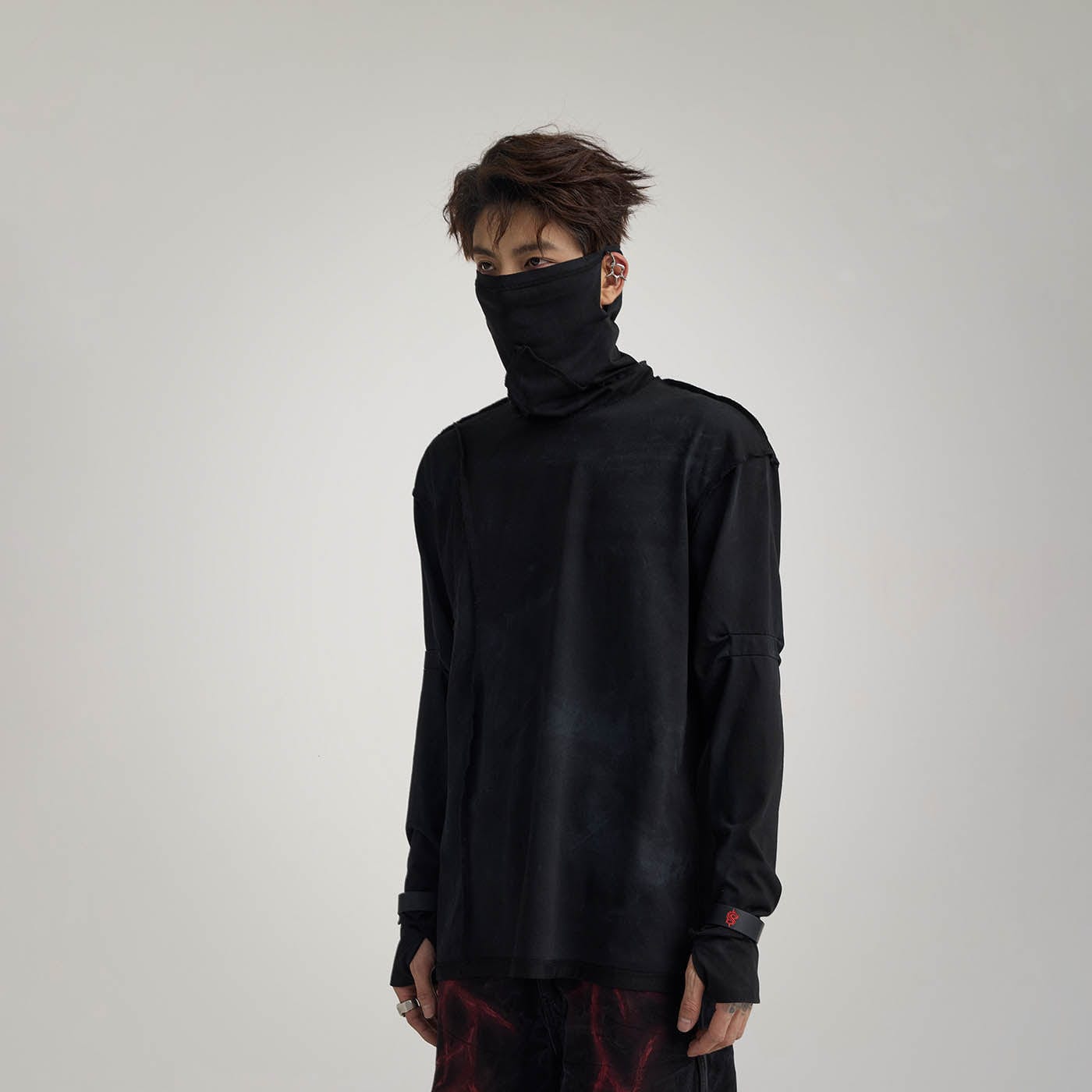 FLYERRER Distressed Reversible Spliced High-Neck L/S Tee, premium urban and streetwear designers apparel on PROJECTISR.com, FLYERRER