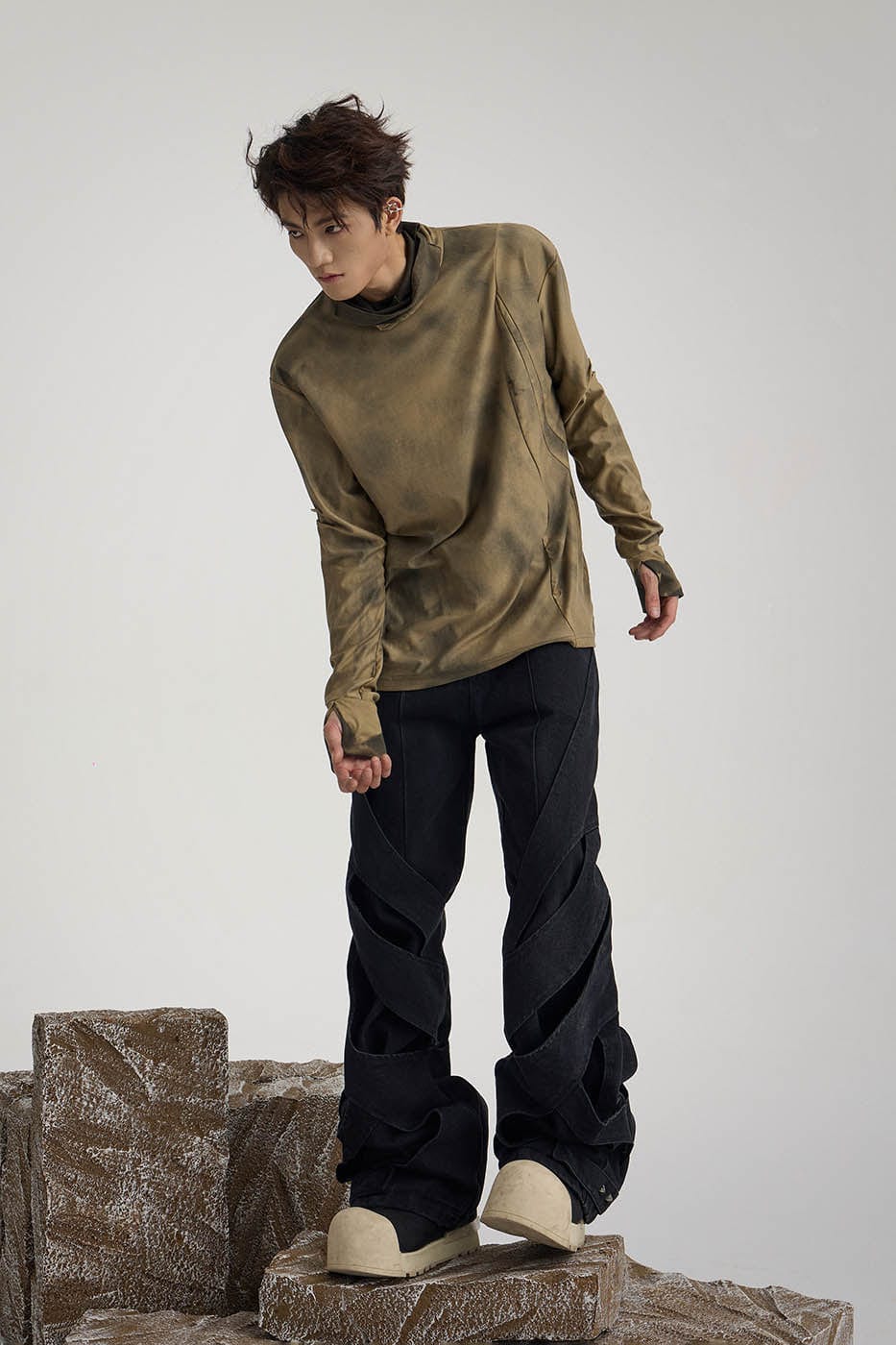 FLYERRER Distressed Reversible Spliced High-Neck L/S Tee, premium urban and streetwear designers apparel on PROJECTISR.com, FLYERRER