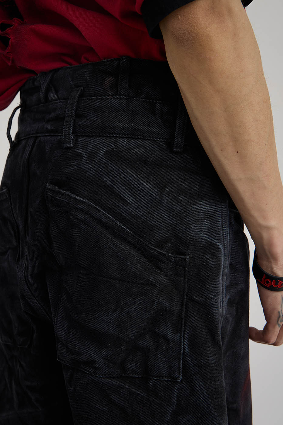 FLYERRER Spliced Raw Edge Doodle Wrinkled Jeans, premium urban and streetwear designers apparel on PROJECTISR.com, FLYERRER