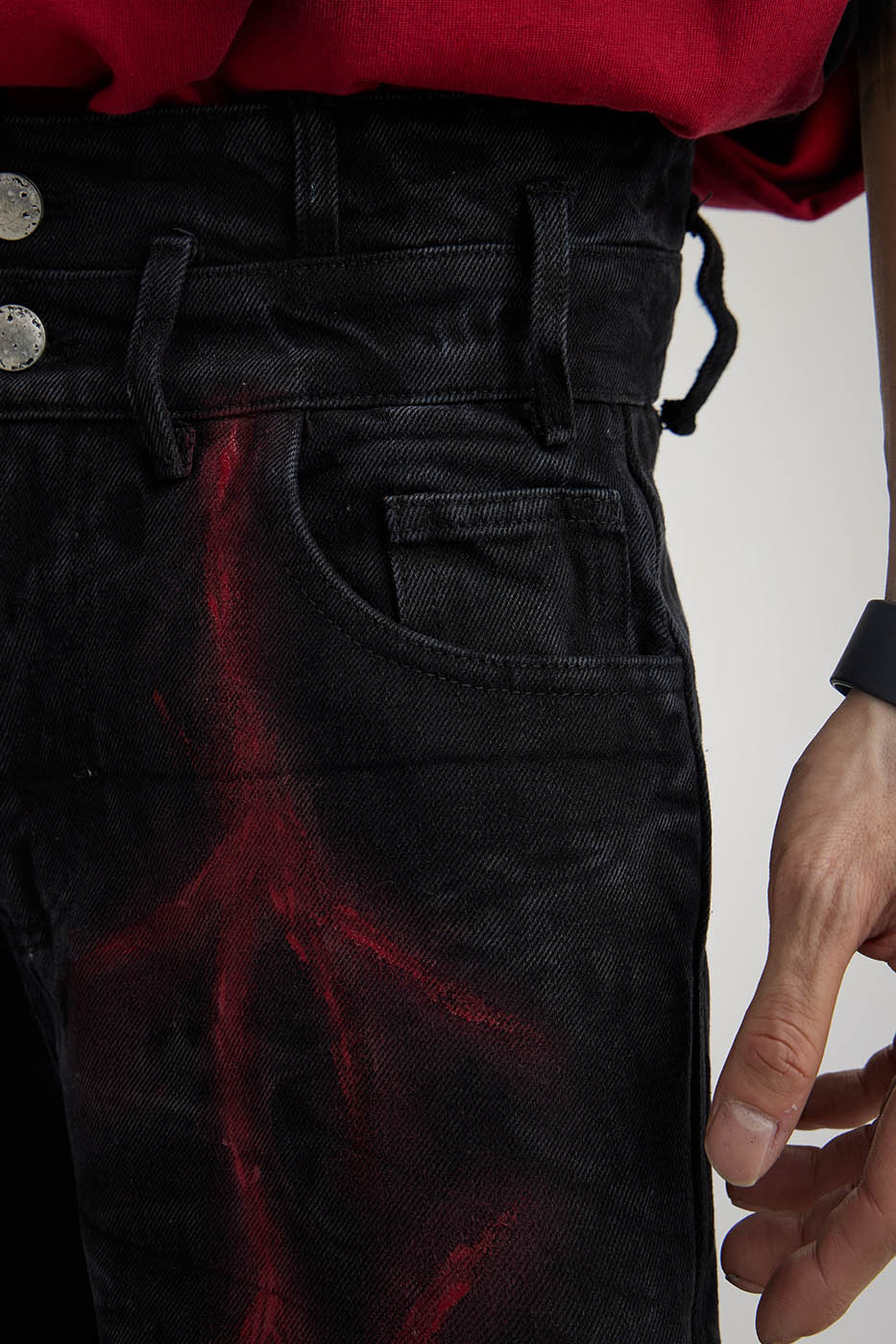 FLYERRER Spliced Raw Edge Doodle Wrinkled Jeans, premium urban and streetwear designers apparel on PROJECTISR.com, FLYERRER