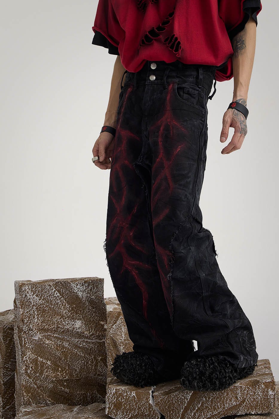 FLYERRER Spliced Raw Edge Doodle Wrinkled Jeans, premium urban and streetwear designers apparel on PROJECTISR.com, FLYERRER