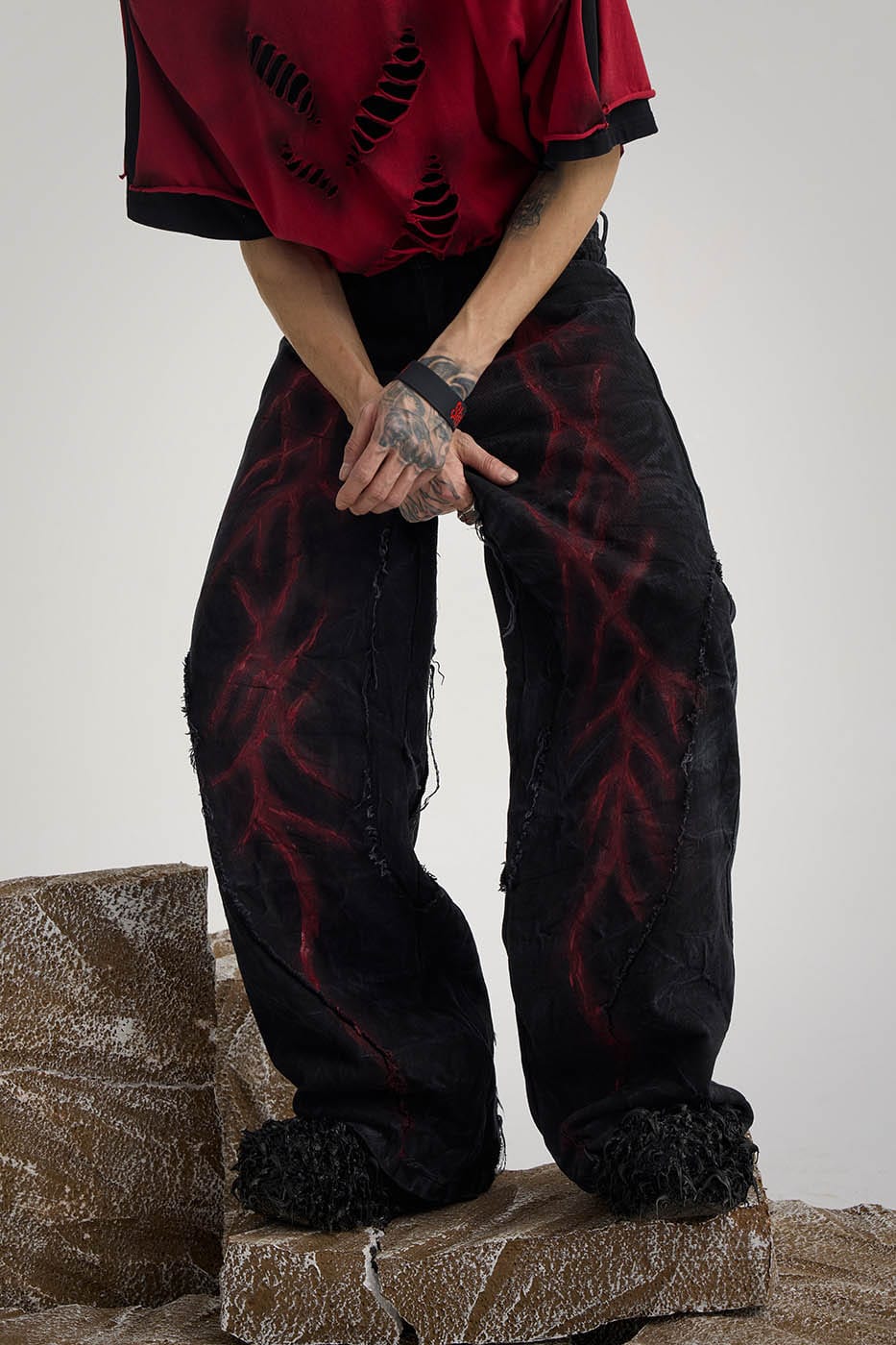 FLYERRER Spliced Raw Edge Doodle Wrinkled Jeans, premium urban and streetwear designers apparel on PROJECTISR.com, FLYERRER
