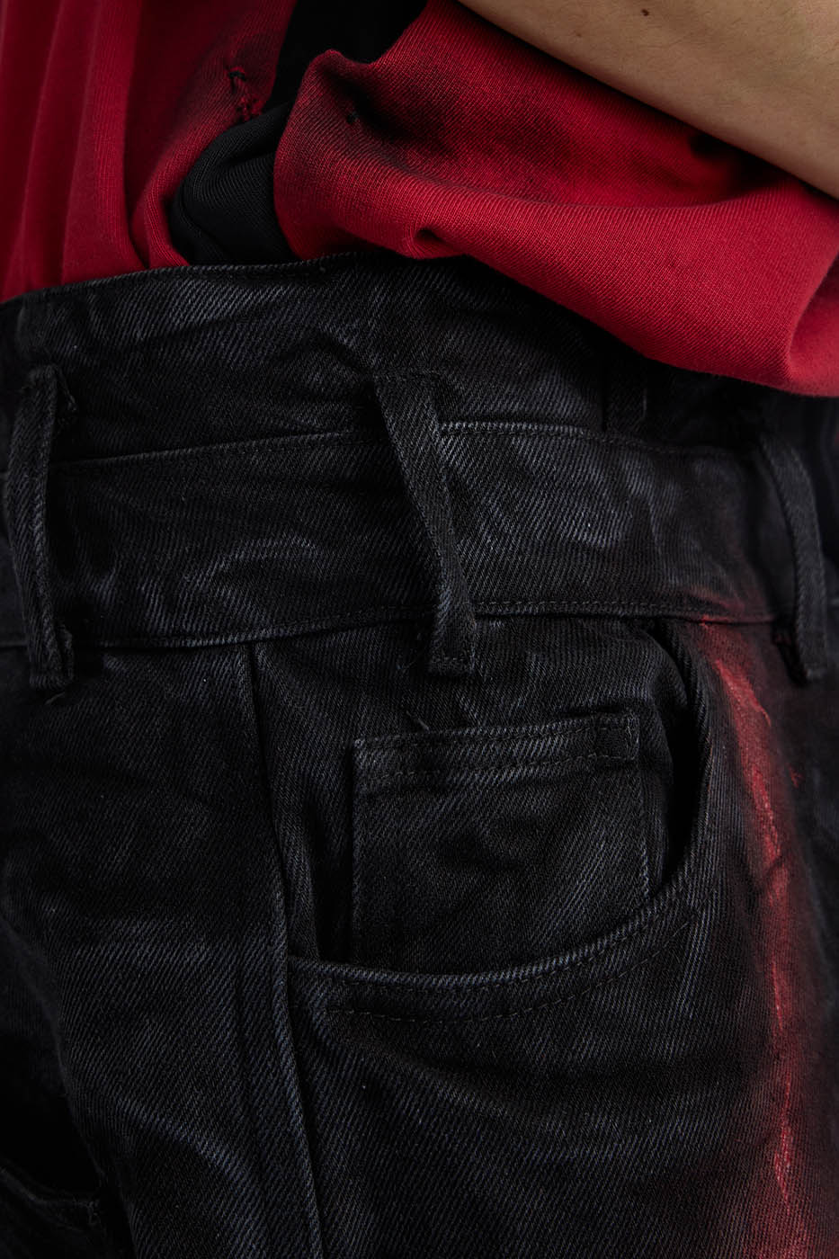 FLYERRER Spliced Raw Edge Doodle Wrinkled Jeans, premium urban and streetwear designers apparel on PROJECTISR.com, FLYERRER