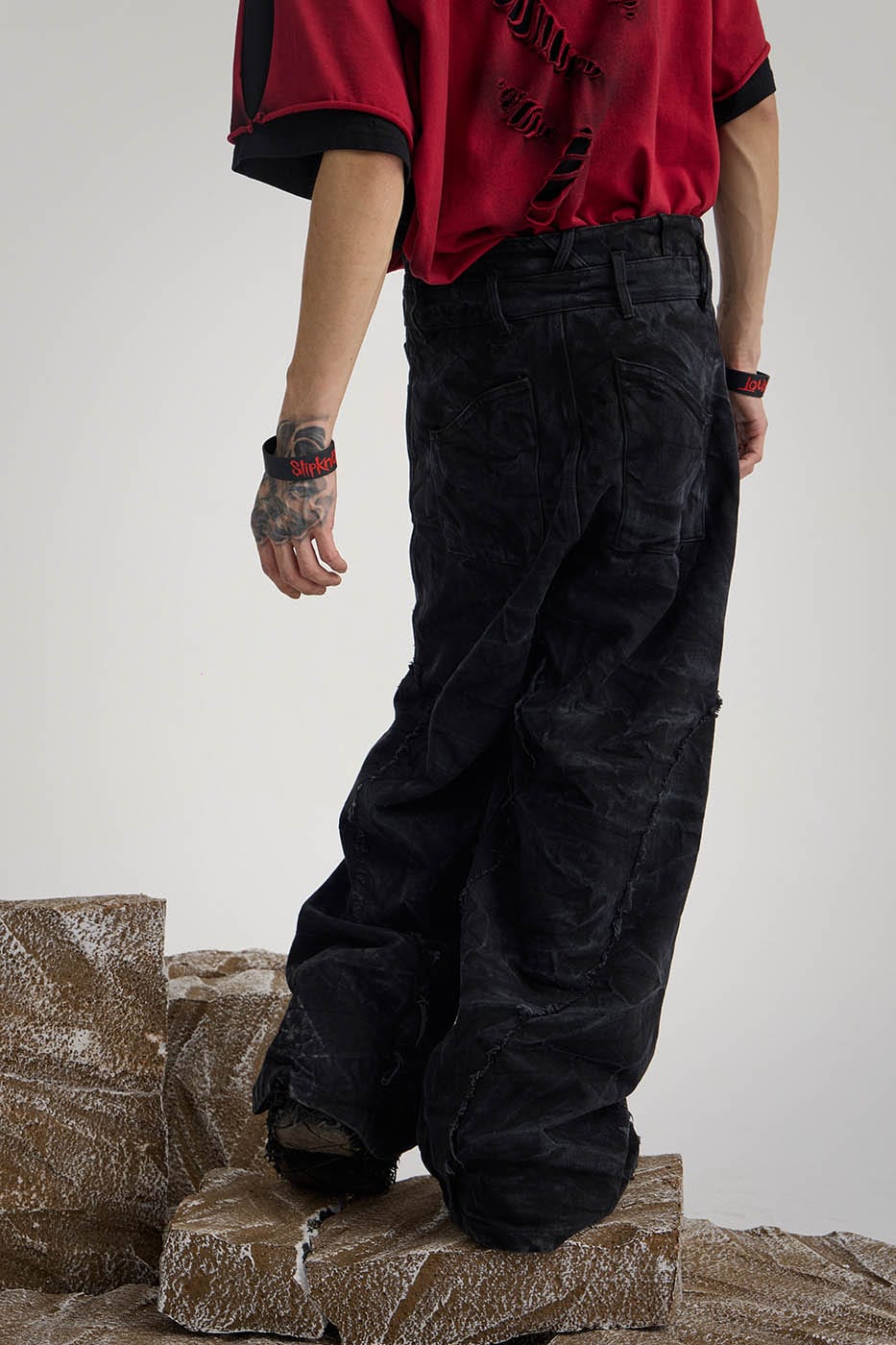 FLYERRER Spliced Raw Edge Doodle Wrinkled Jeans, premium urban and streetwear designers apparel on PROJECTISR.com, FLYERRER