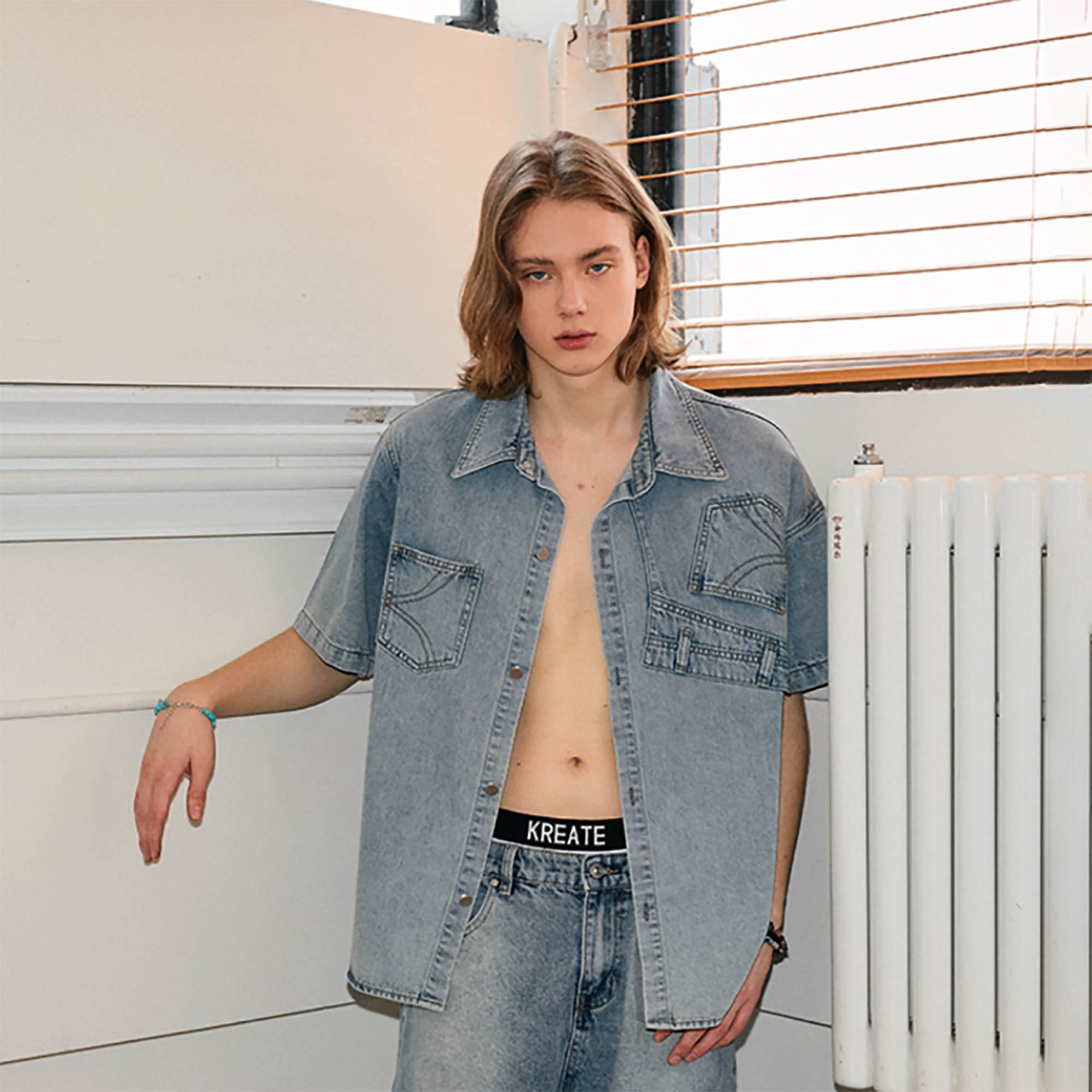 KREATE Inverted Denim Deconstructed Half Shirt, premium urban and streetwear designers apparel on PROJECTISR.com, KREATE
