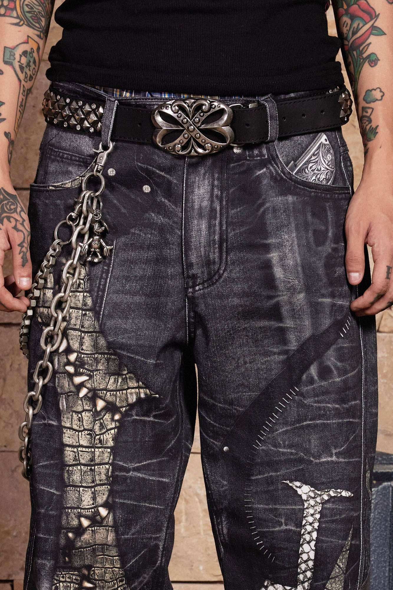 DND4DES Cross Crocodile Spliced Flared Jeans, premium urban and streetwear designers apparel on PROJECTISR.com, DND4DES