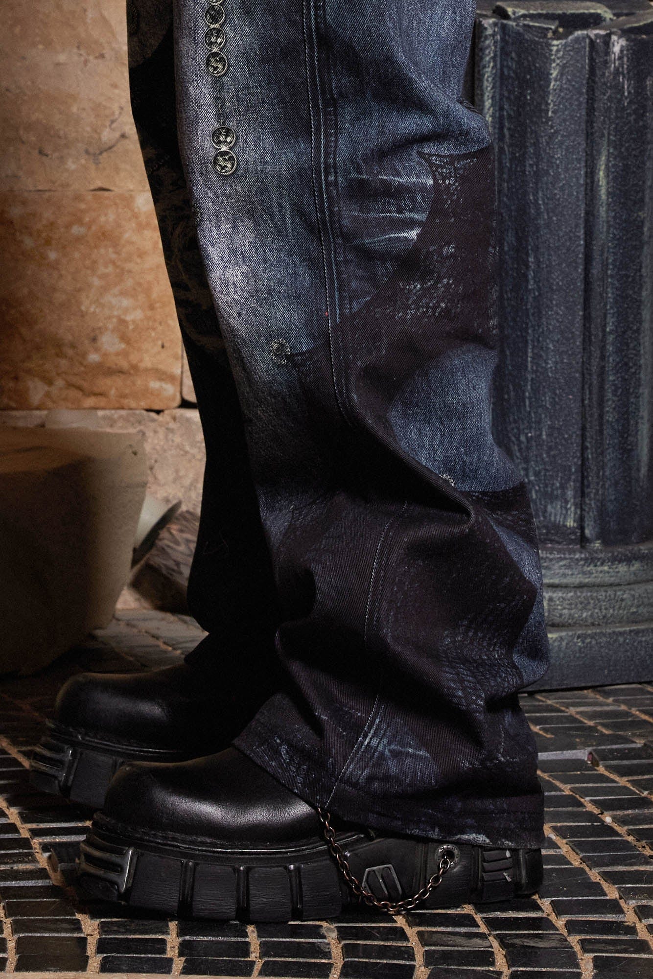 DND4DES Chain Lace Patchwork Flared Jeans, premium urban and streetwear designers apparel on PROJECTISR.com, DND4DES