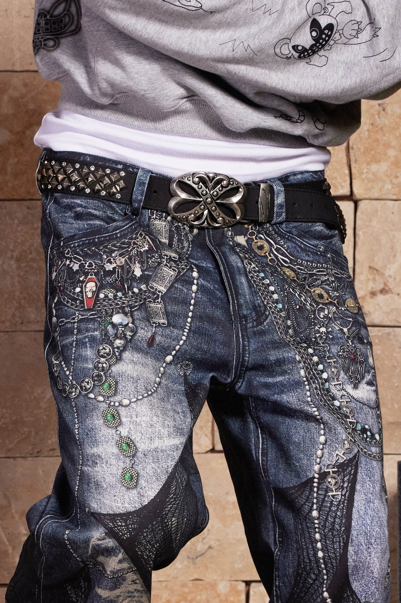 DND4DES Chain Lace Patchwork Flared Jeans, premium urban and streetwear designers apparel on PROJECTISR.com, DND4DES