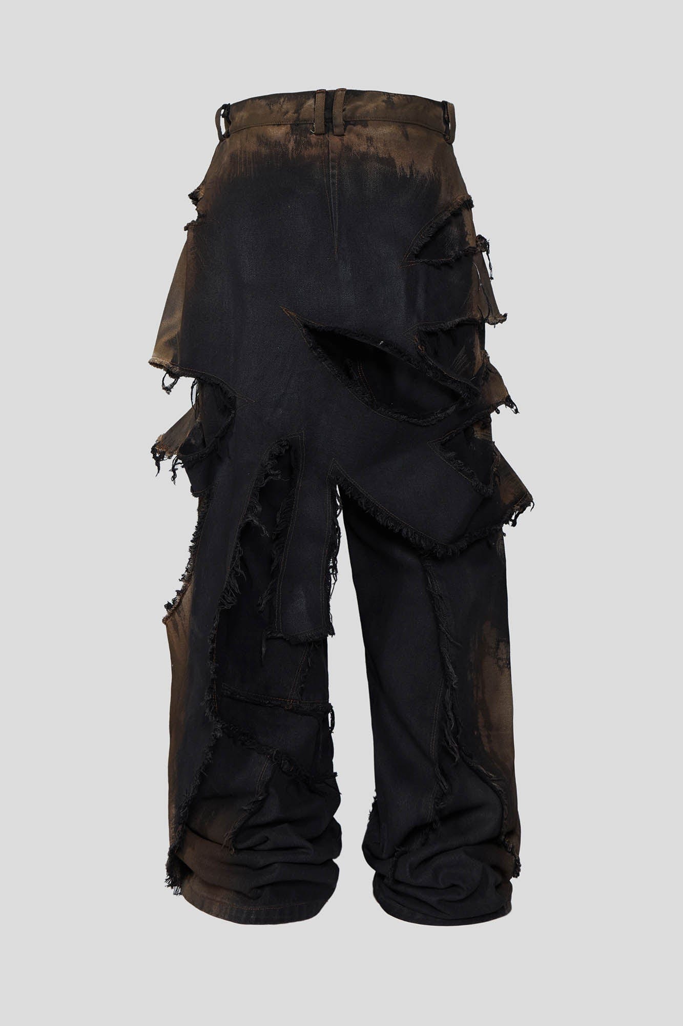 FLYERRER Heavily Distressed Asymmetrical Double-Layer Ripped Jeans, premium urban and streetwear designers apparel on PROJECTISR.com, FLYERRER