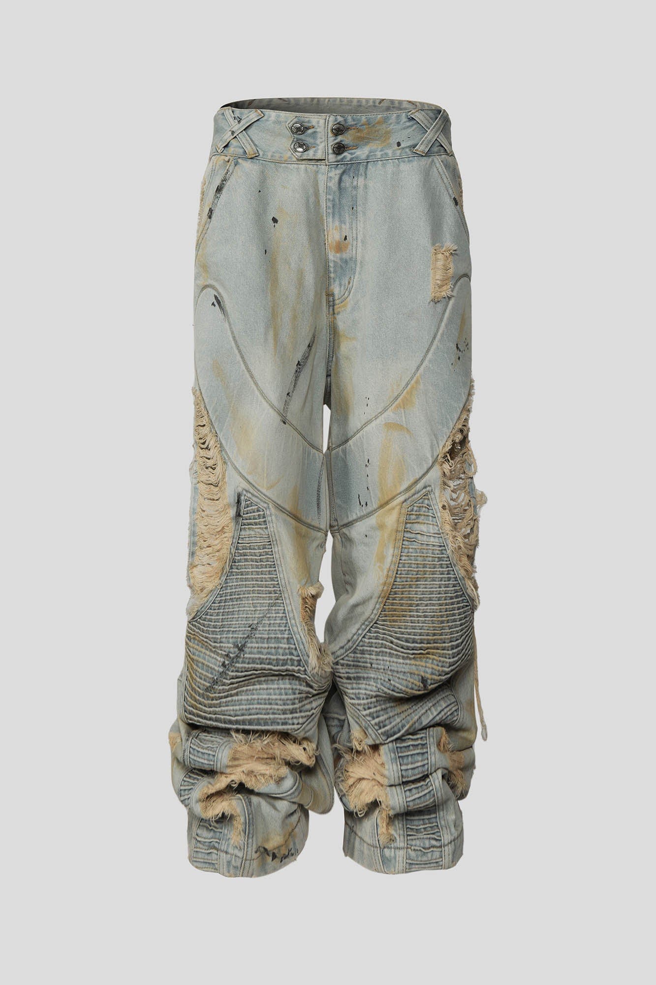 FLYERRER Paneled Heavily Ripped Fringe Jeans, premium urban and streetwear designers apparel on PROJECTISR.com, FLYERRER