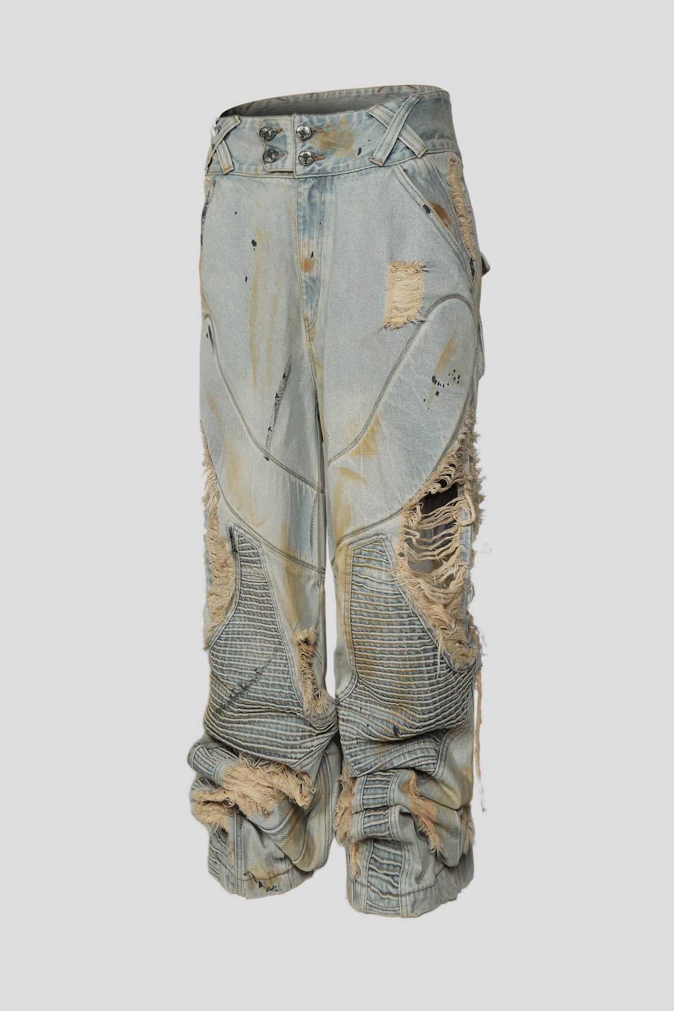 FLYERRER Paneled Heavily Ripped Fringe Jeans, premium urban and streetwear designers apparel on PROJECTISR.com, FLYERRER