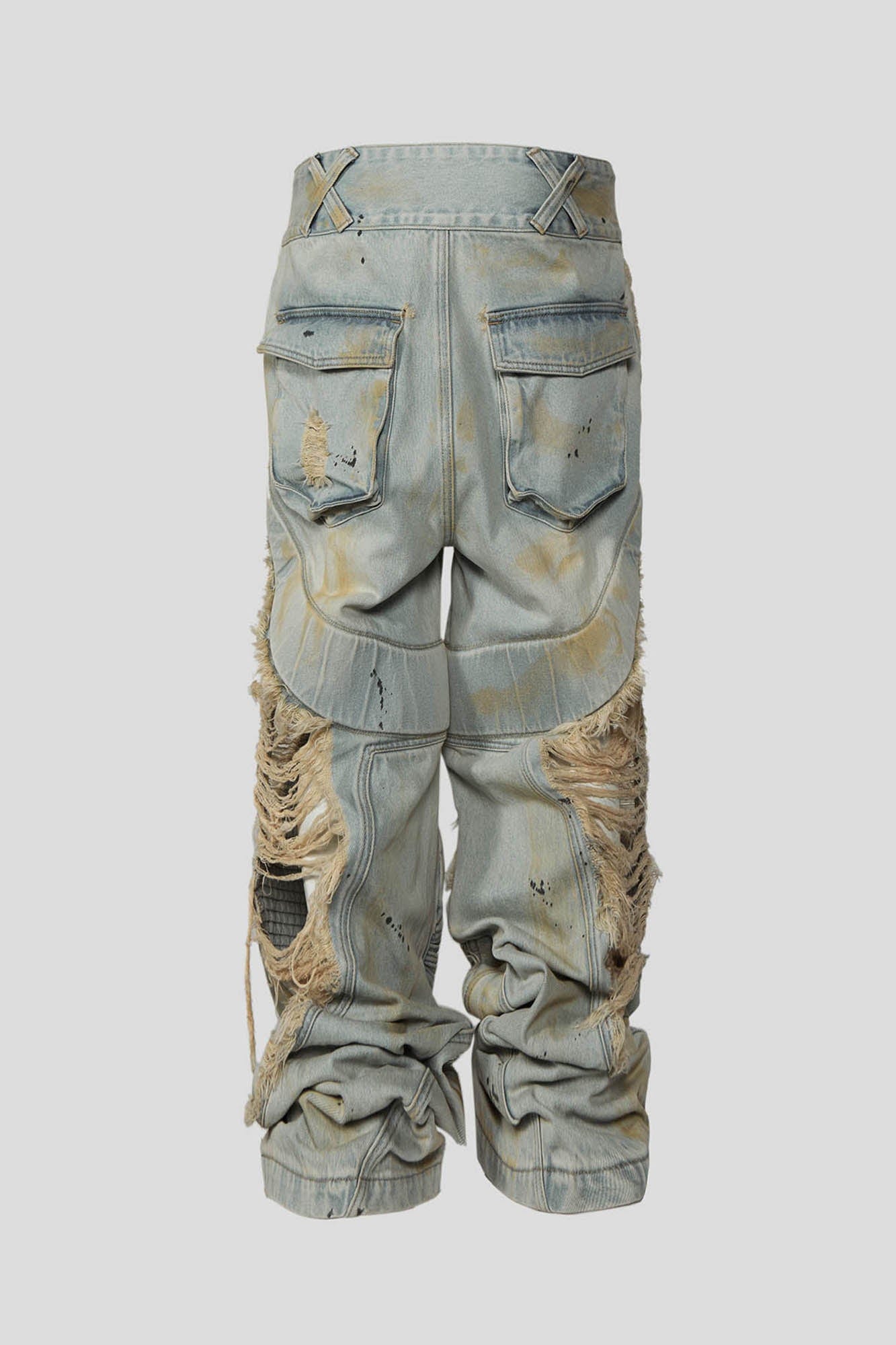 FLYERRER Paneled Heavily Ripped Fringe Jeans, premium urban and streetwear designers apparel on PROJECTISR.com, FLYERRER