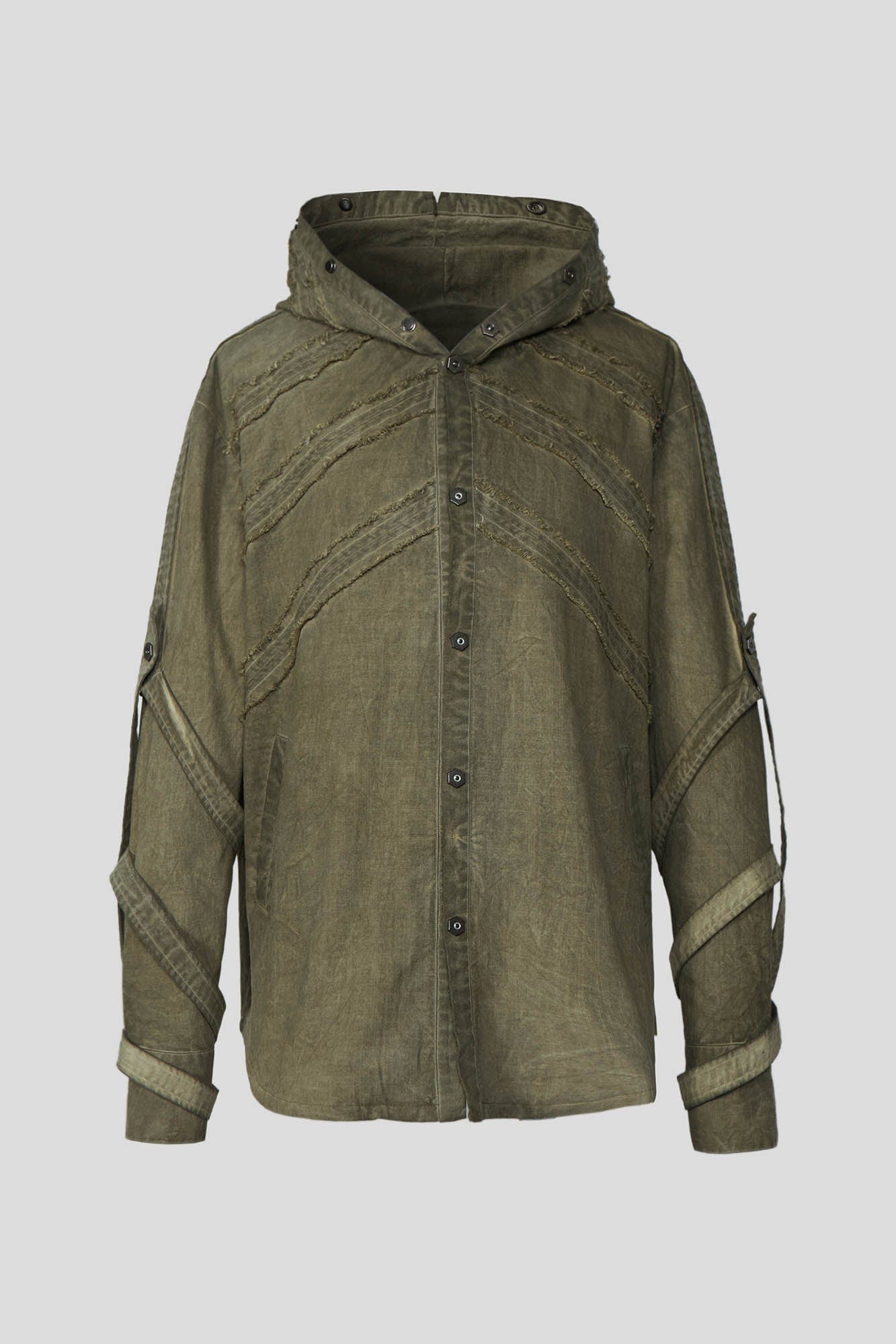 FLYERRER Frayed Fishbone Spliced Strap Hooded Jacket, premium urban and streetwear designers apparel on PROJECTISR.com, FLYERRER