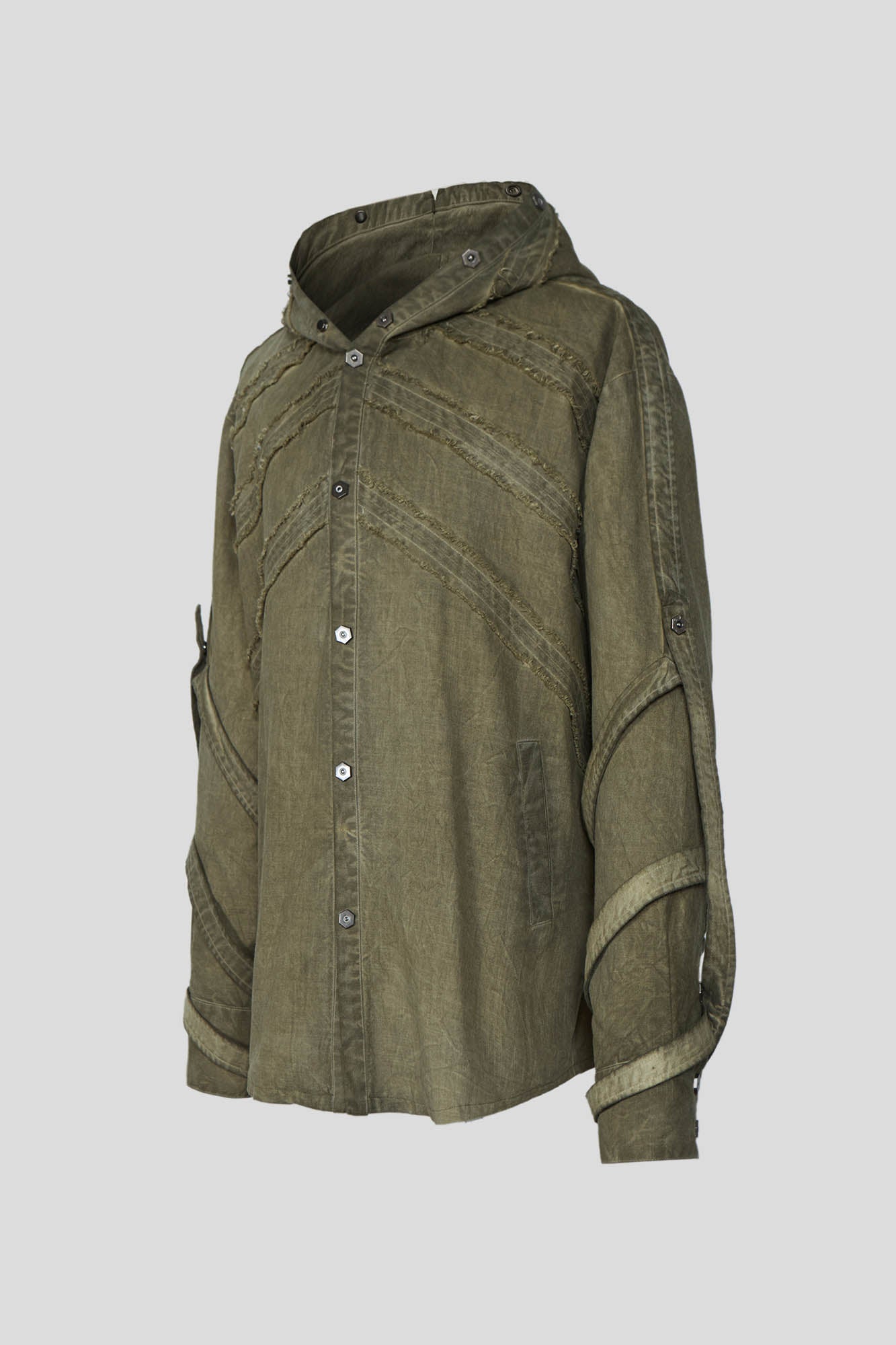 FLYERRER Frayed Fishbone Spliced Strap Hooded Jacket, premium urban and streetwear designers apparel on PROJECTISR.com, FLYERRER