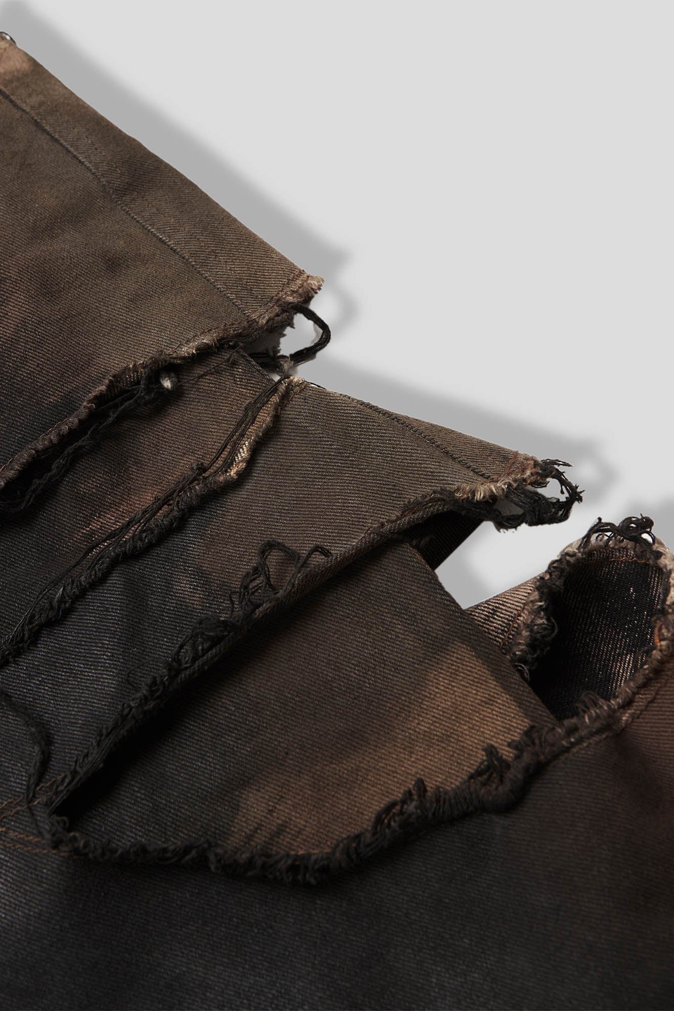 FLYERRER Heavily Distressed Asymmetrical Double-Layer Ripped Jeans, premium urban and streetwear designers apparel on PROJECTISR.com, FLYERRER