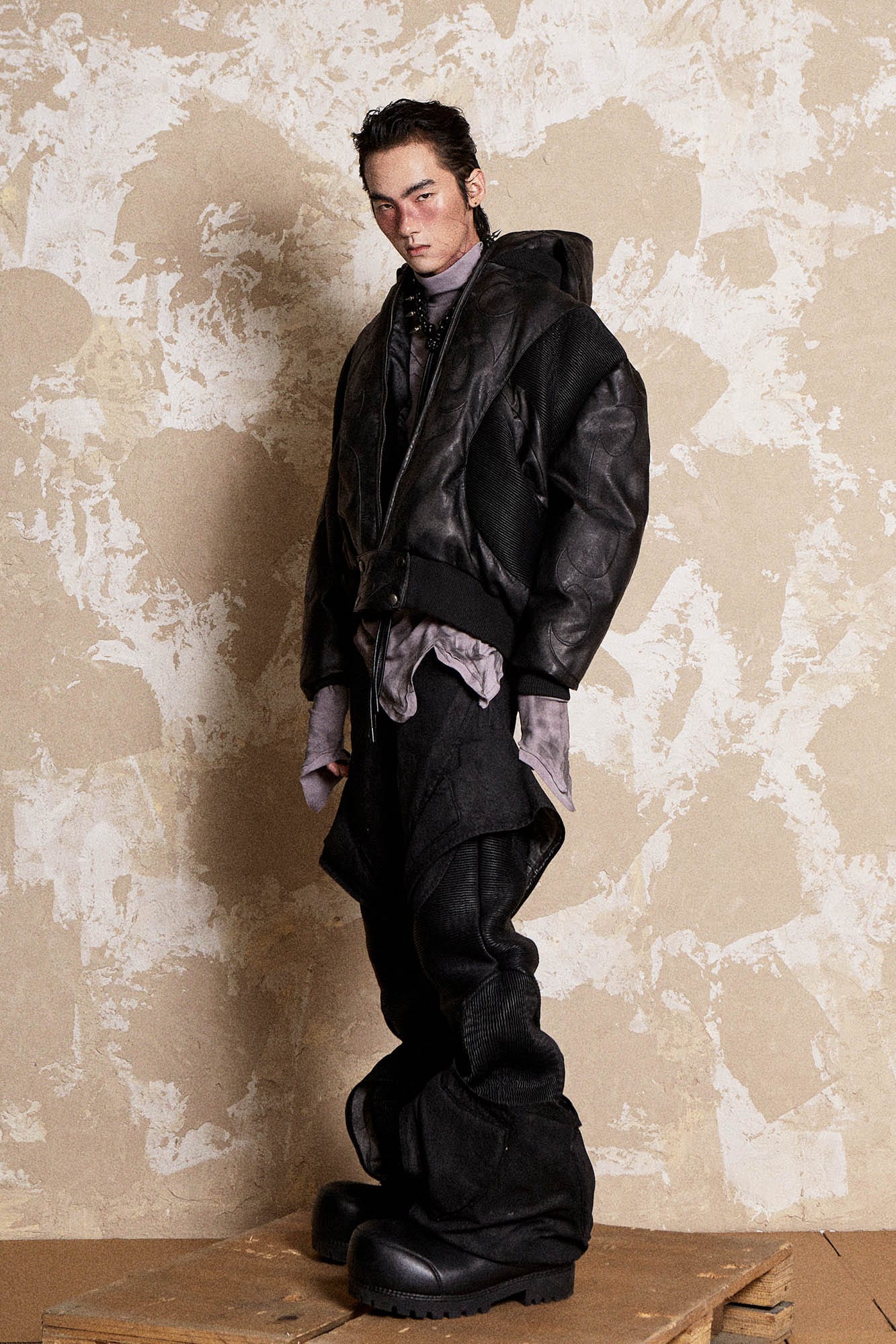 FLYERRER Mutation Full-Zip Spliced Faux Leather Hooded Jacket, premium urban and streetwear designers apparel on PROJECTISR.com, FLYERRER