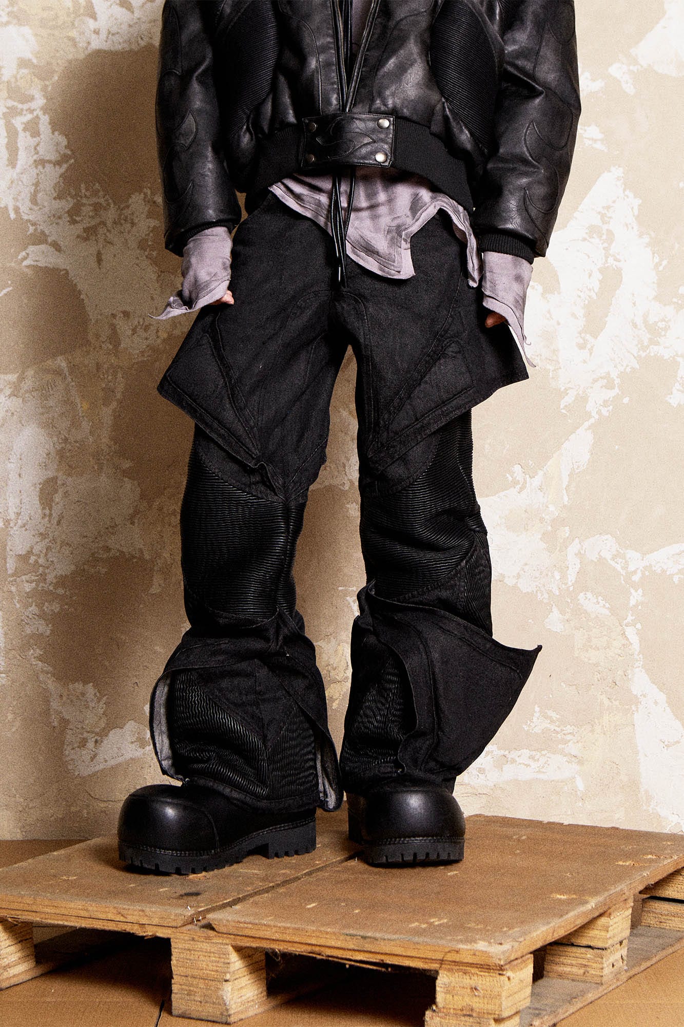 FLYERRER Mutation Deconstructed Armor Wax-Coated Pants, premium urban and streetwear designers apparel on PROJECTISR.com, FLYERRER