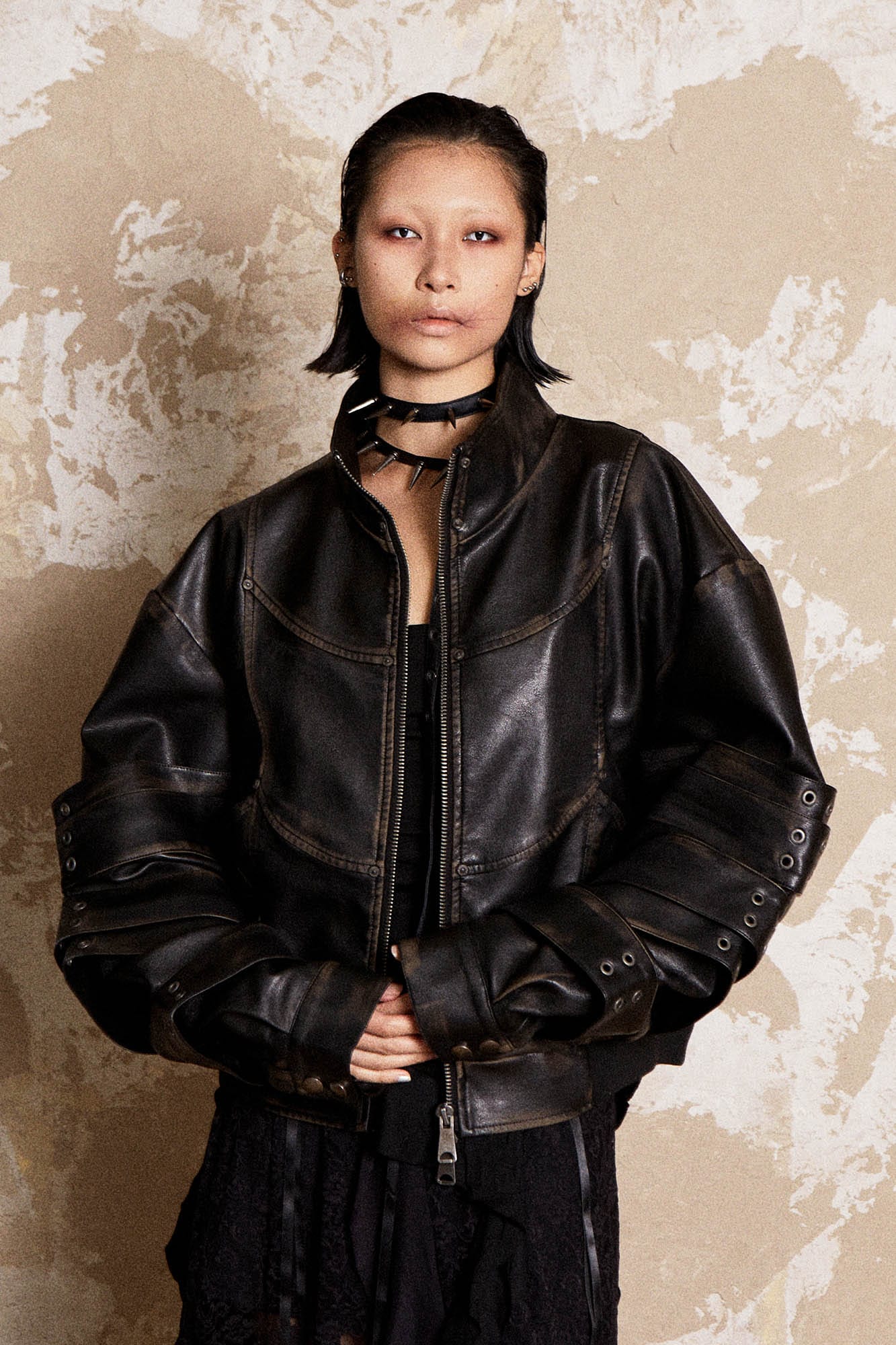 FLYERRER Mutation Layered Armor Spliced Faux Leather Jacket, premium urban and streetwear designers apparel on PROJECTISR.com, FLYERRER