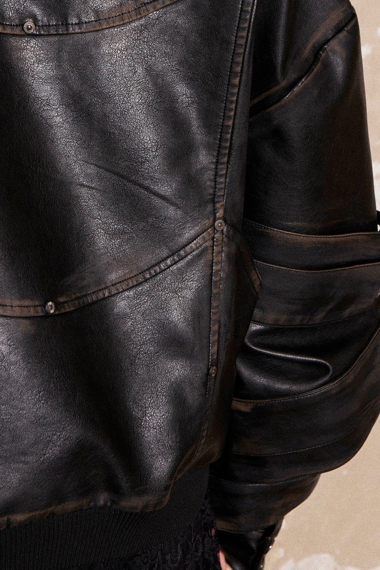 FLYERRER Mutation Layered Armor Spliced Faux Leather Jacket, premium urban and streetwear designers apparel on PROJECTISR.com, FLYERRER
