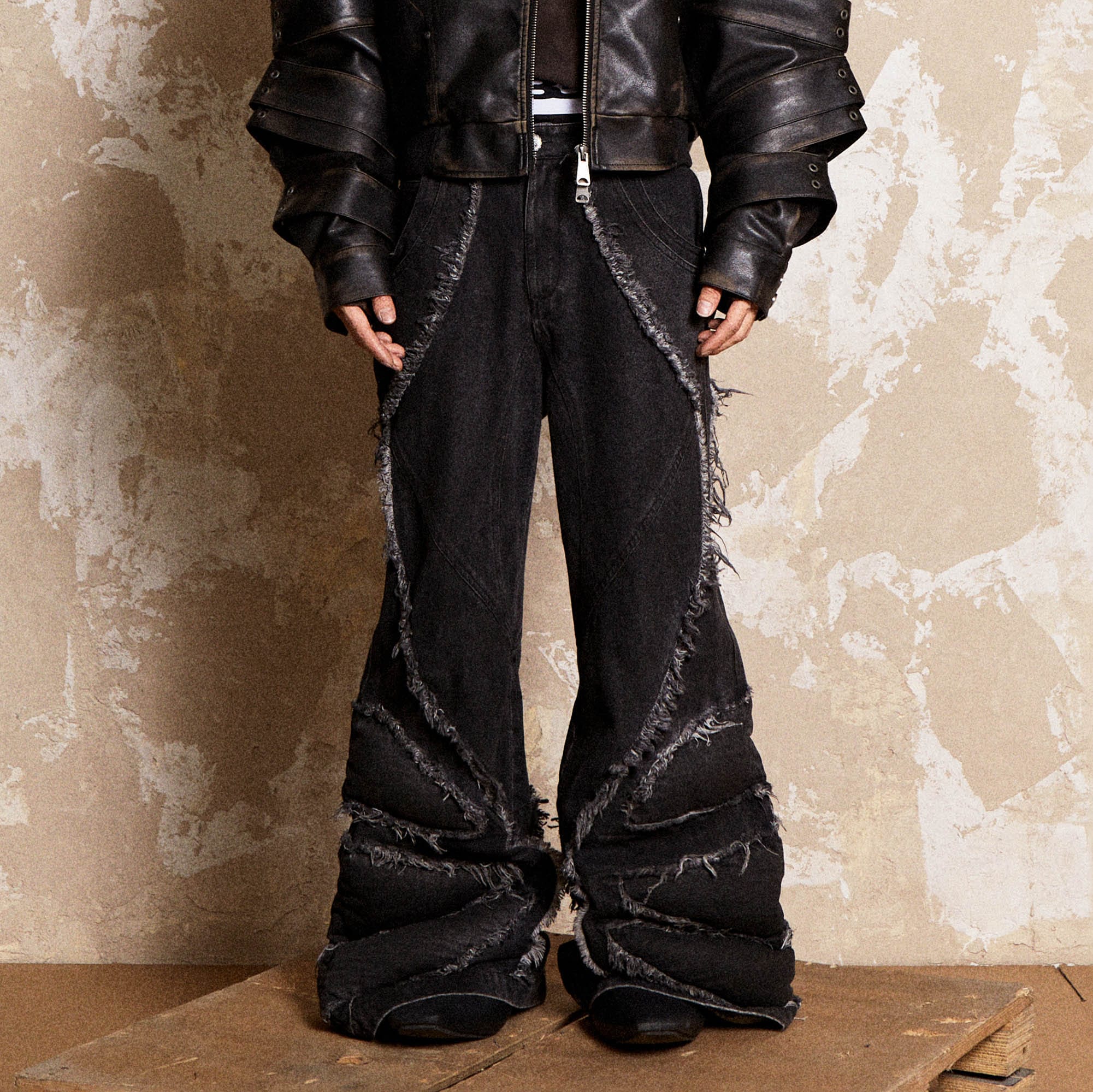 FLYERRER Mutation Dragon Claw Frayed Flared Jeans, premium urban and streetwear designers apparel on PROJECTISR.com, FLYERRER