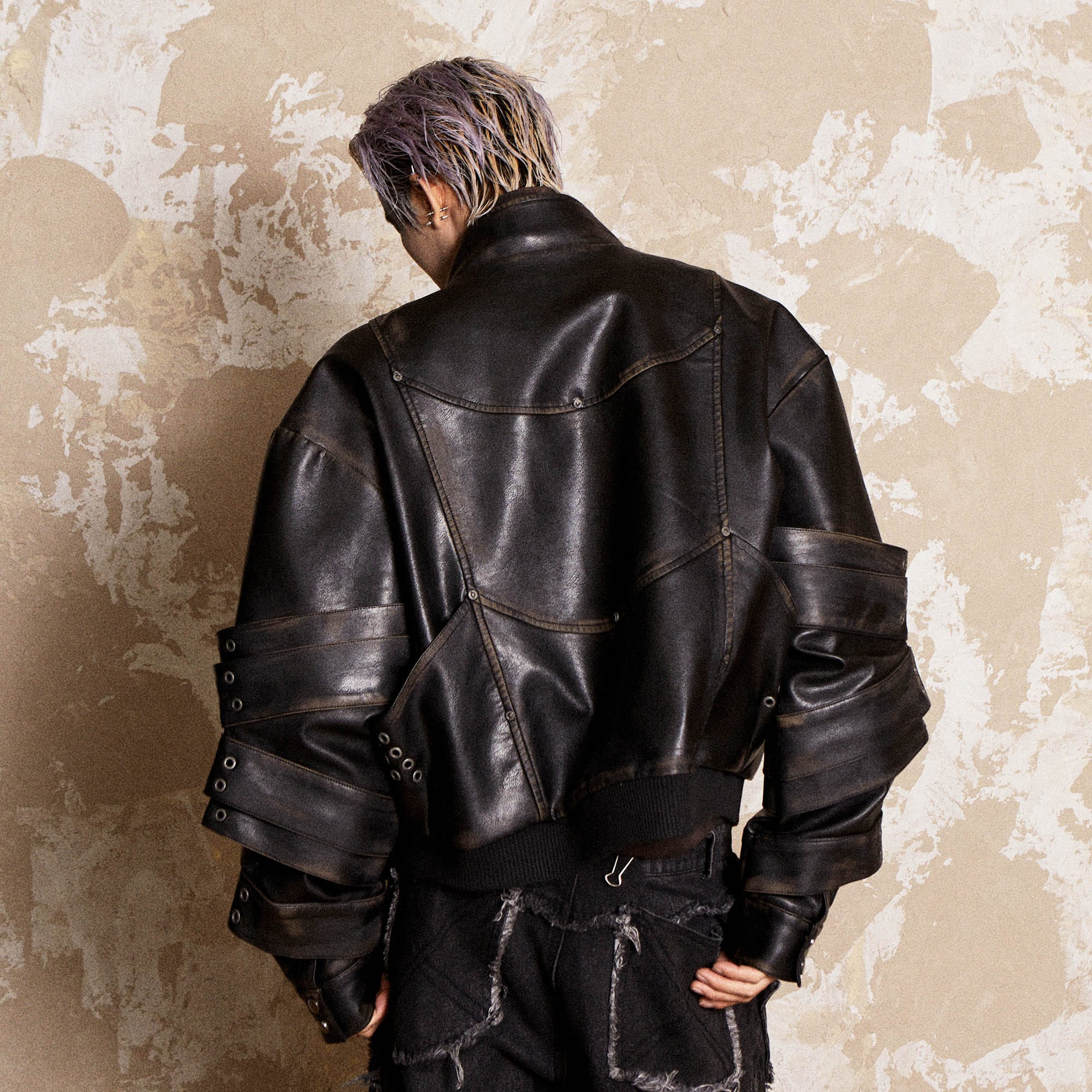 FLYERRER Mutation Layered Armor Spliced Faux Leather Jacket, premium urban and streetwear designers apparel on PROJECTISR.com, FLYERRER
