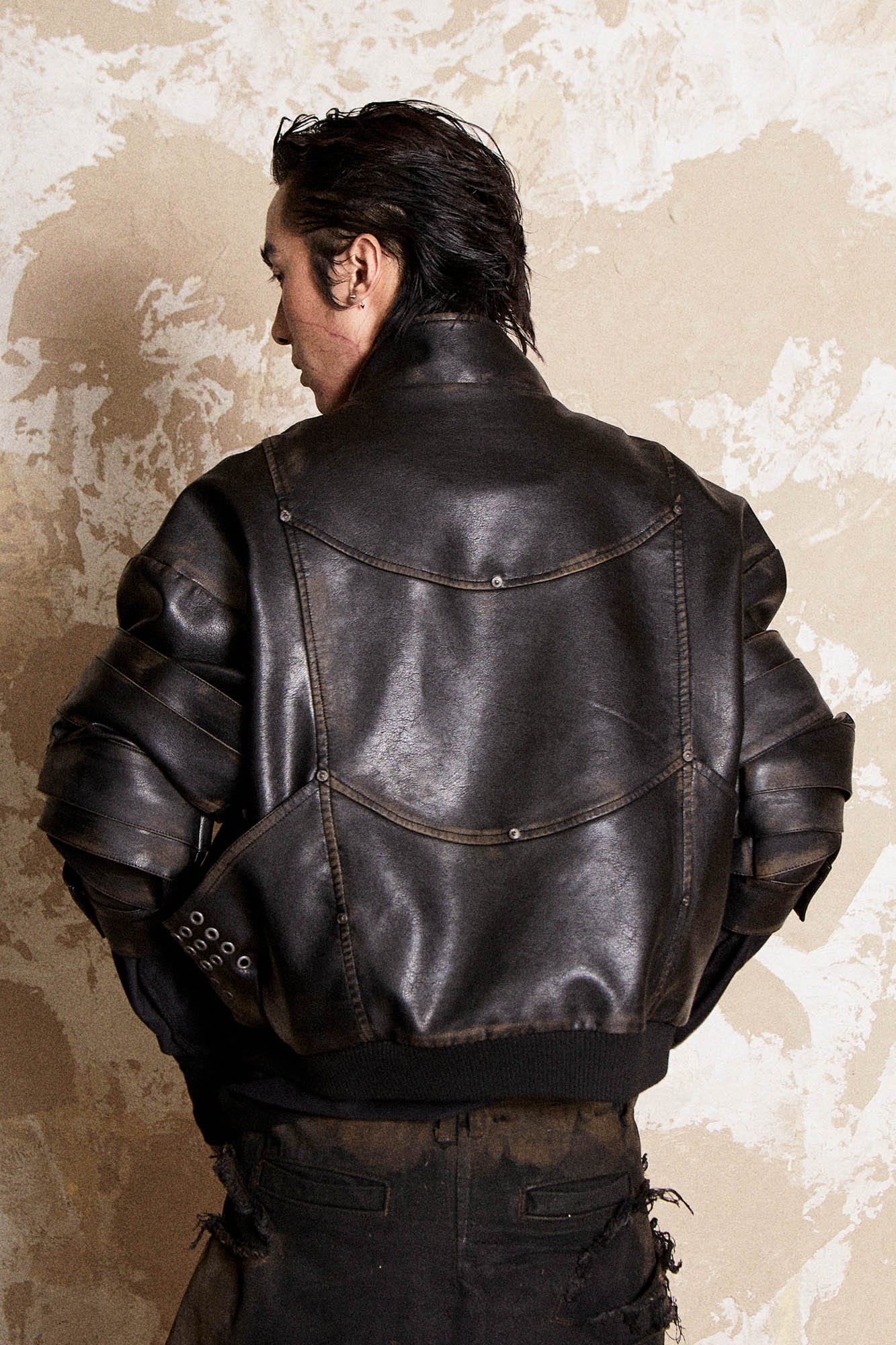 FLYERRER Mutation Layered Armor Spliced Faux Leather Jacket, premium urban and streetwear designers apparel on PROJECTISR.com, FLYERRER