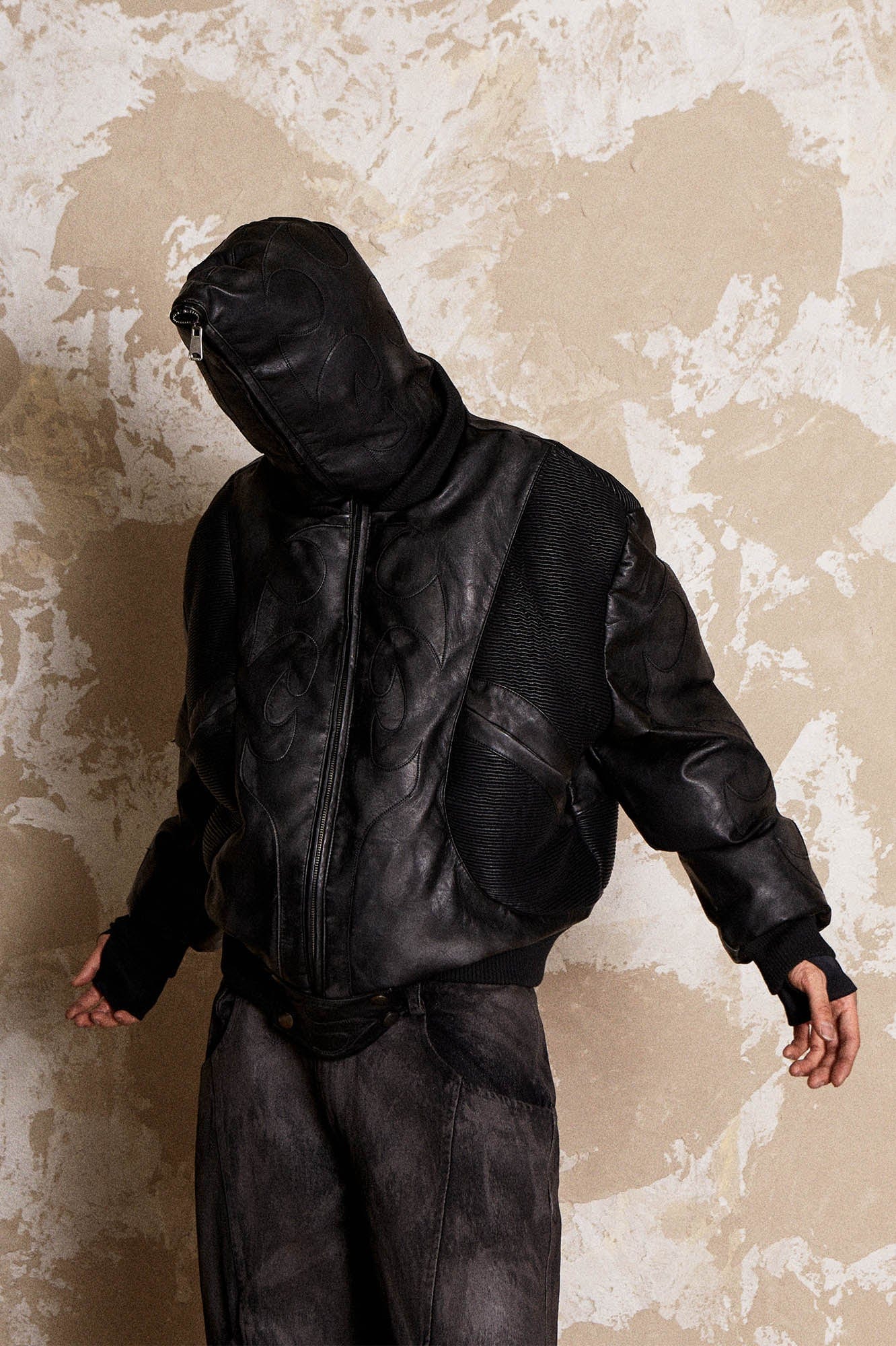 FLYERRER Mutation Full-Zip Spliced Faux Leather Hooded Jacket, premium urban and streetwear designers apparel on PROJECTISR.com, FLYERRER