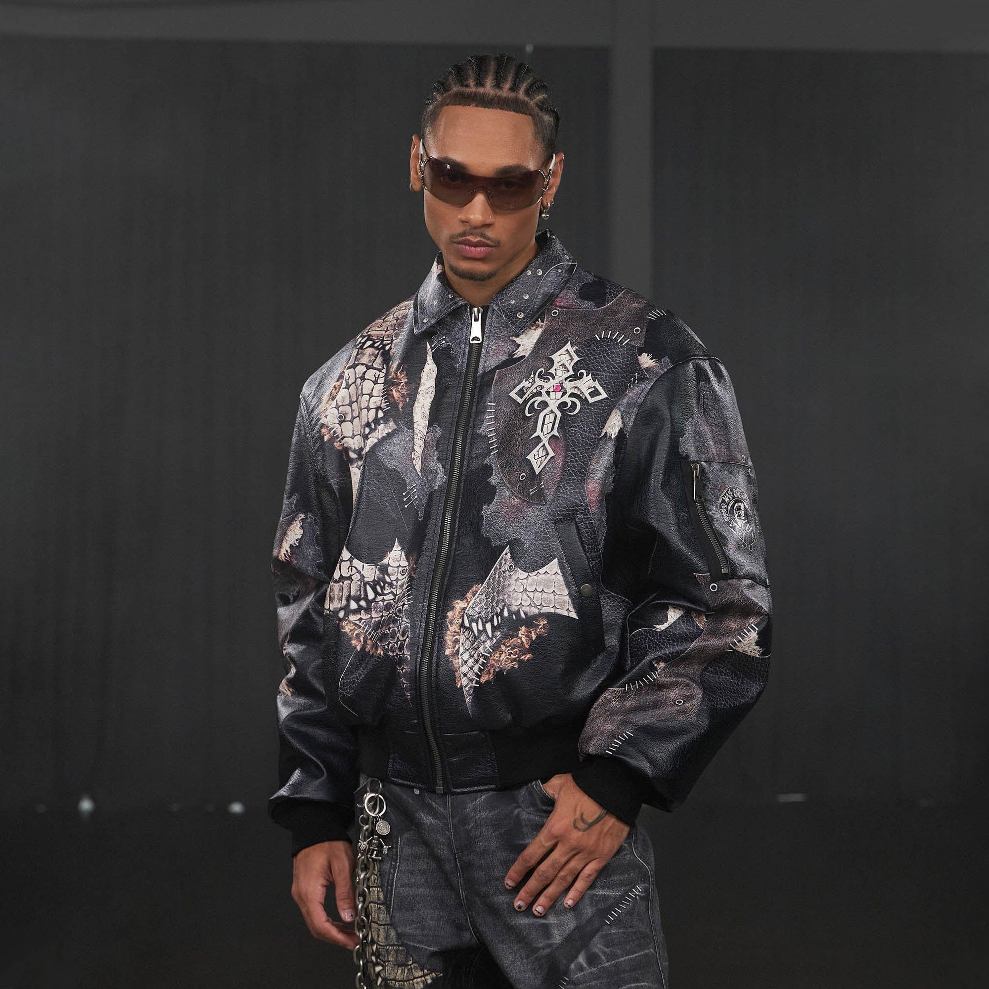 DND4DES Cross Spliced Pythonskin Faux Leather Puffer Jacket, premium urban and streetwear designers apparel on PROJECTISR.com, DND4DES