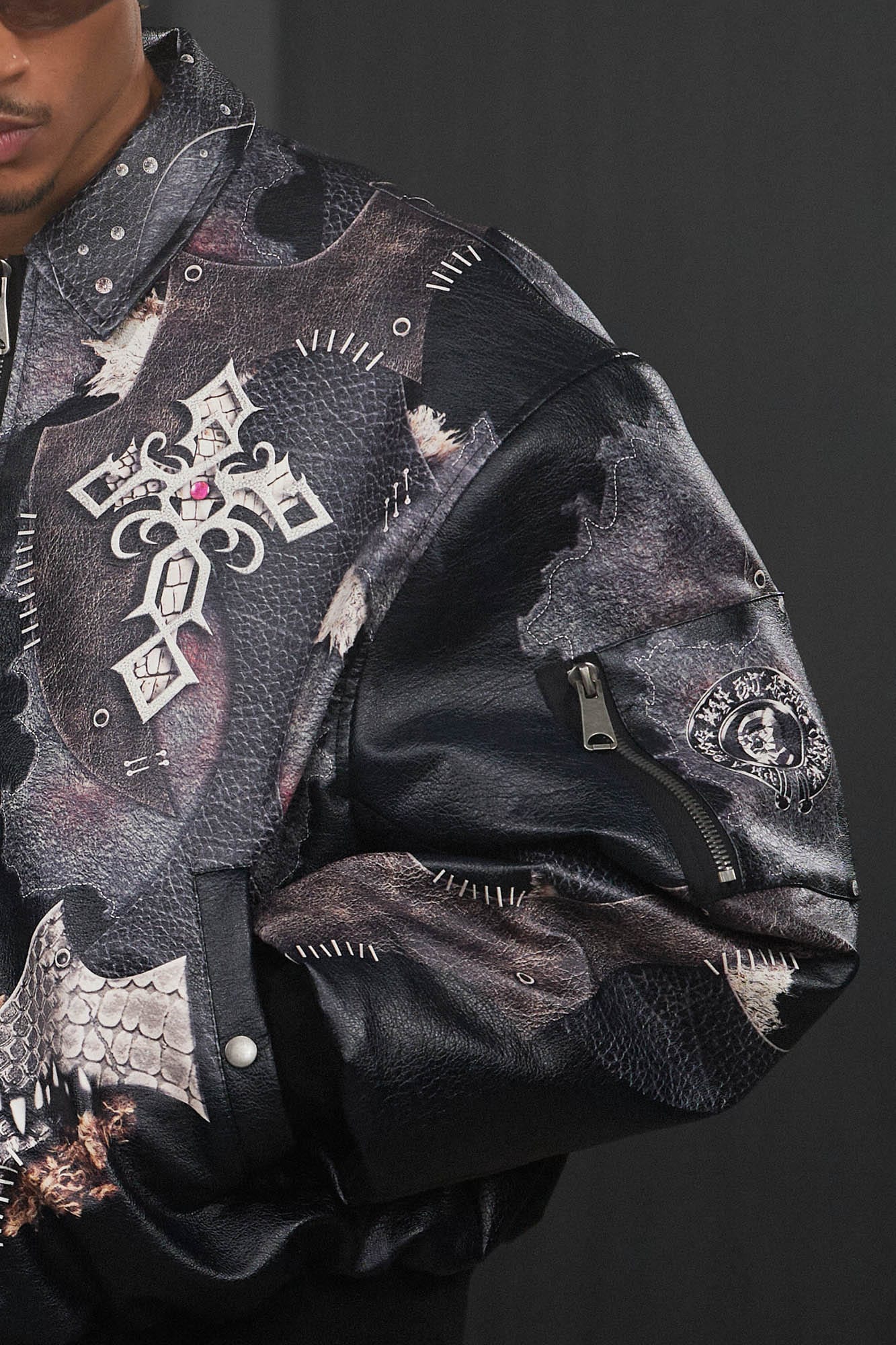 DND4DES Cross Spliced Pythonskin Faux Leather Puffer Jacket, premium urban and streetwear designers apparel on PROJECTISR.com, DND4DES