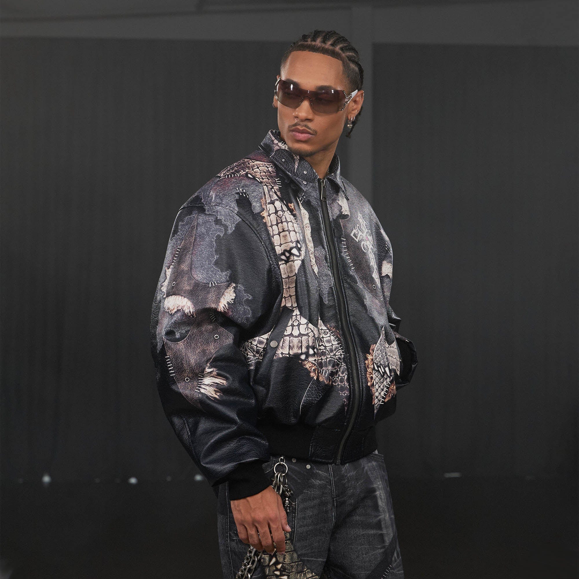 DND4DES Cross Spliced Pythonskin Faux Leather Puffer Jacket, premium urban and streetwear designers apparel on PROJECTISR.com, DND4DES