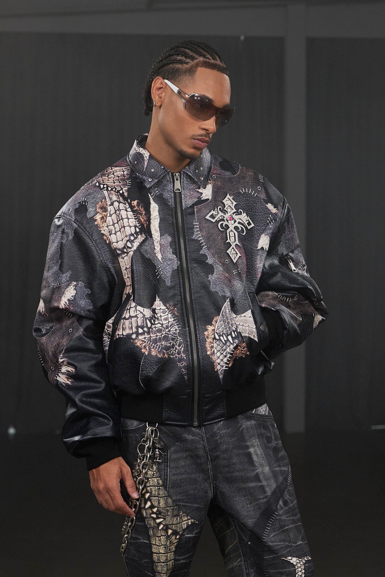 DND4DES Cross Spliced Pythonskin Faux Leather Puffer Jacket, premium urban and streetwear designers apparel on PROJECTISR.com, DND4DES
