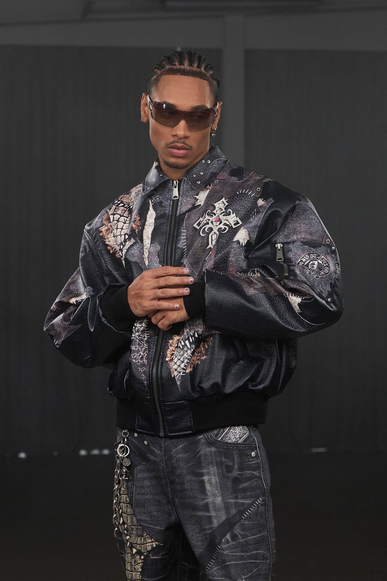 DND4DES Cross Spliced Pythonskin Faux Leather Puffer Jacket, premium urban and streetwear designers apparel on PROJECTISR.com, DND4DES