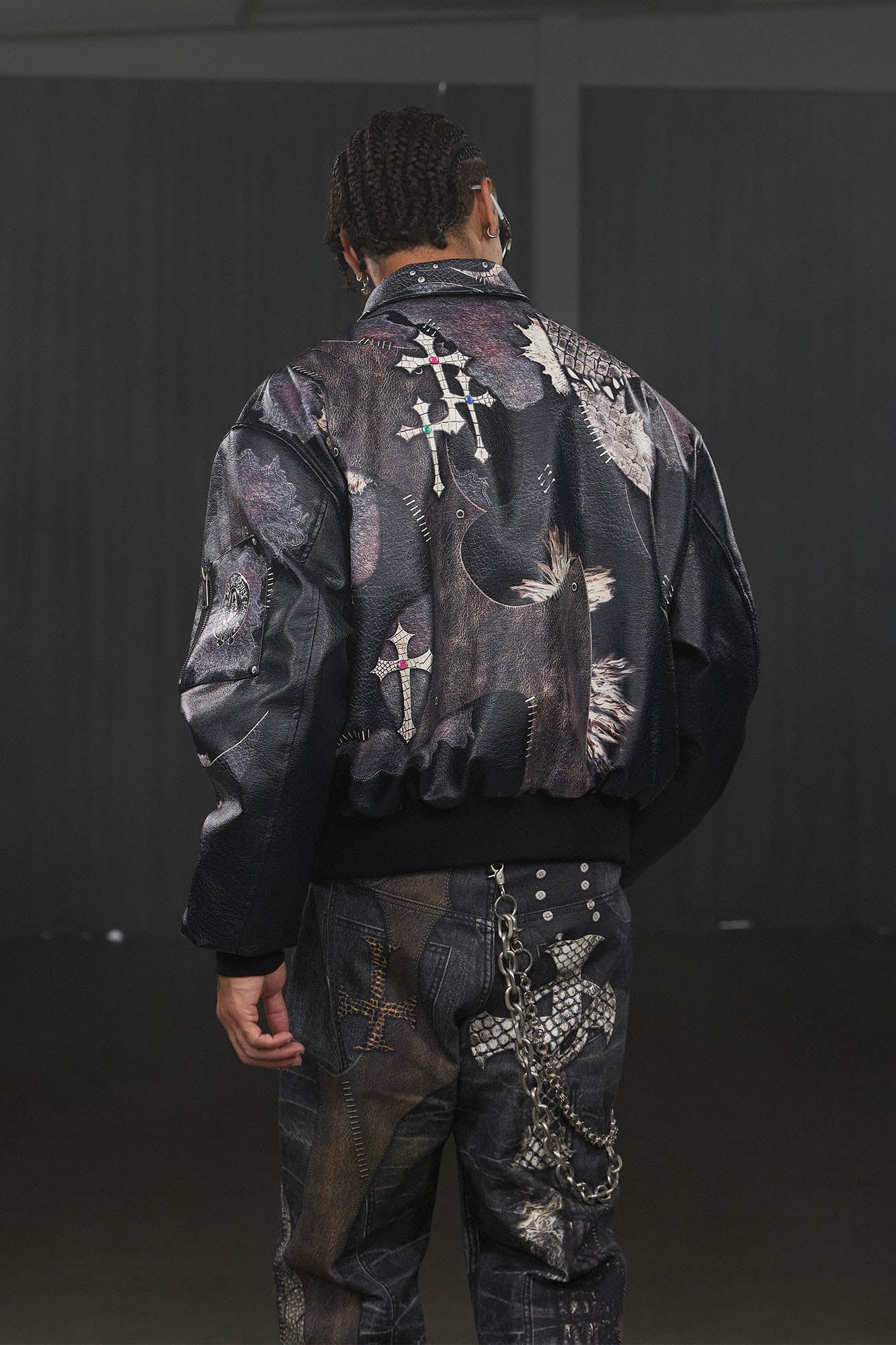DND4DES Cross Spliced Pythonskin Faux Leather Puffer Jacket, premium urban and streetwear designers apparel on PROJECTISR.com, DND4DES