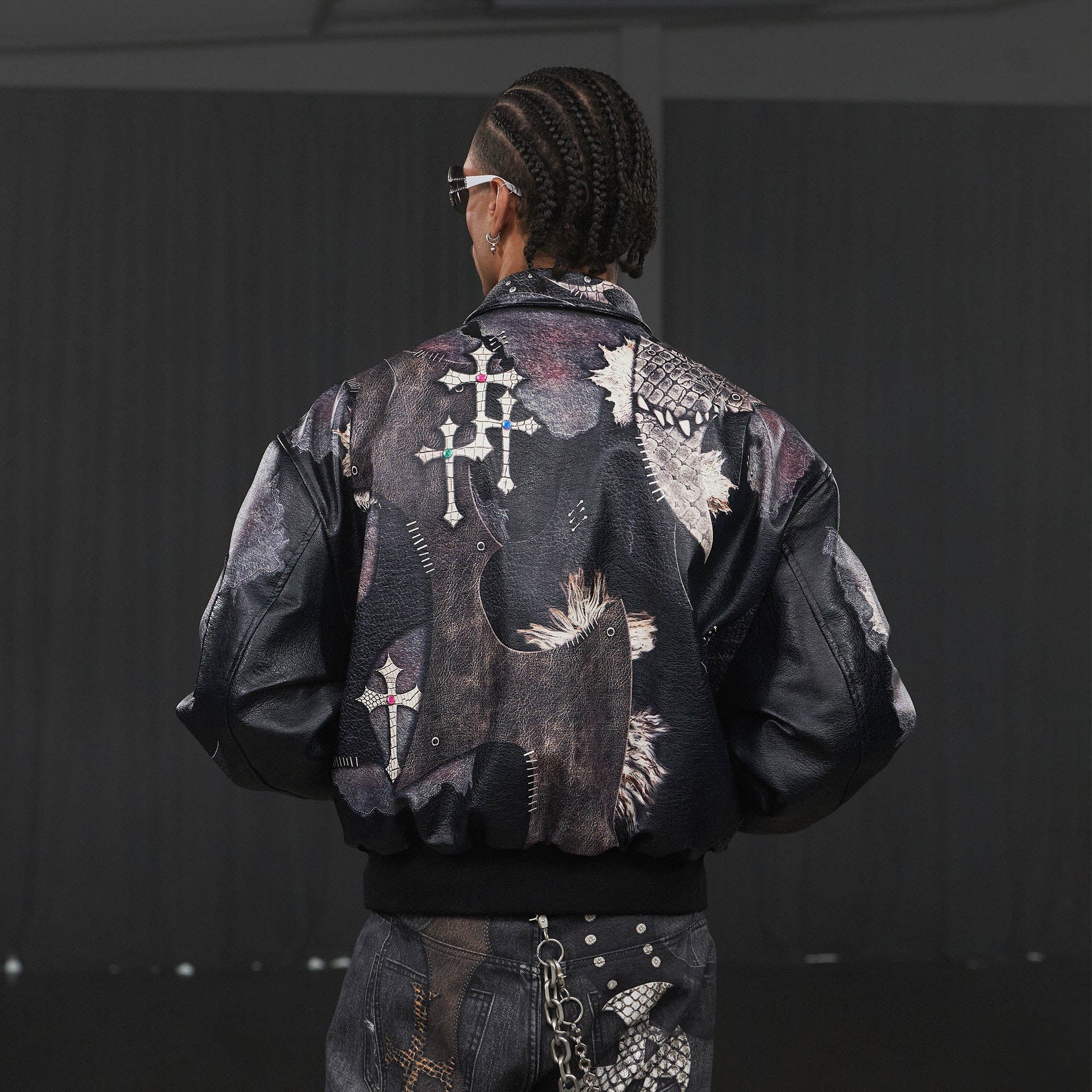 DND4DES Cross Spliced Pythonskin Faux Leather Puffer Jacket, premium urban and streetwear designers apparel on PROJECTISR.com, DND4DES