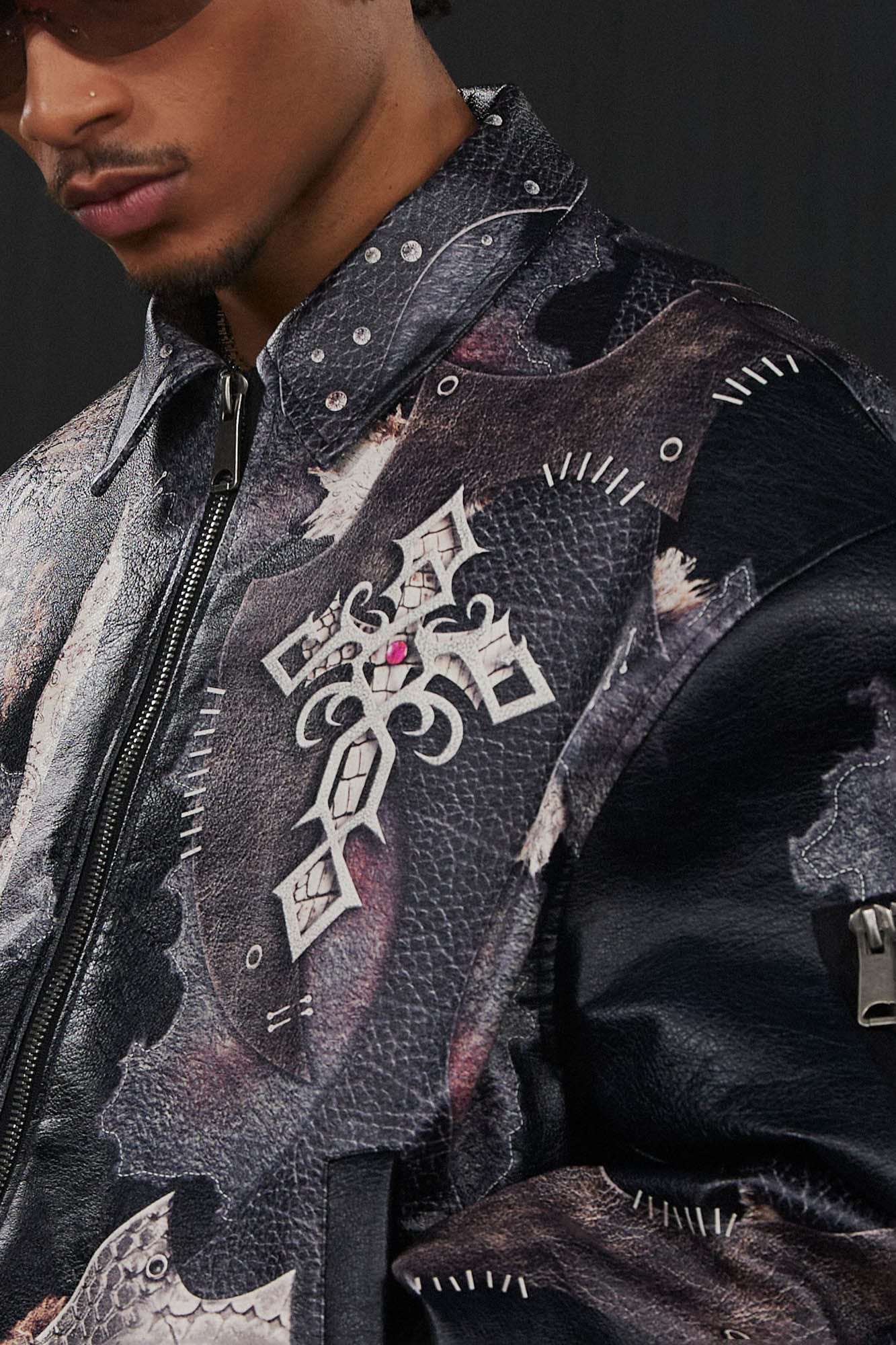 DND4DES Cross Spliced Pythonskin Faux Leather Puffer Jacket, premium urban and streetwear designers apparel on PROJECTISR.com, DND4DES