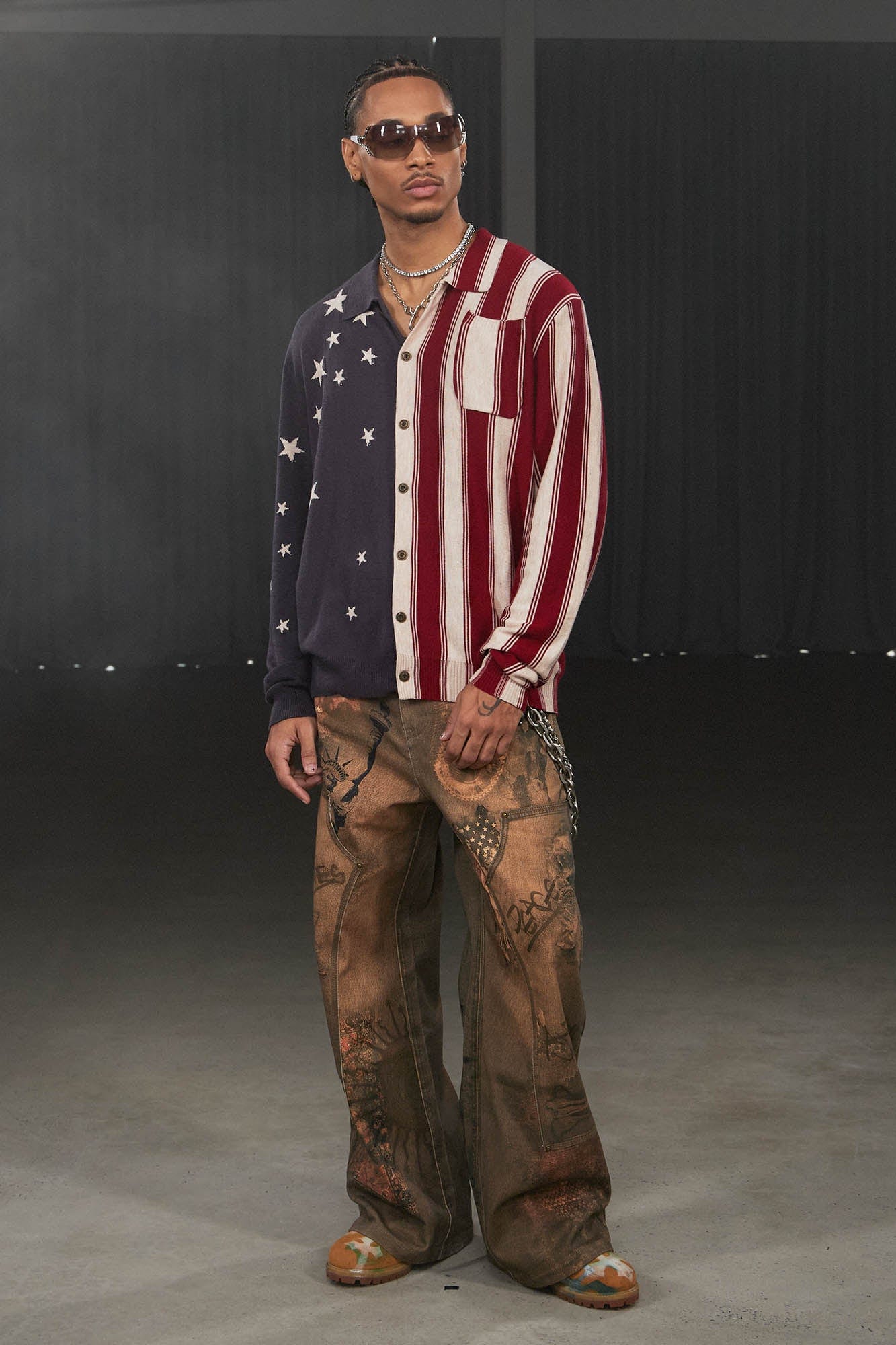 DND4DES Deconstructed Double-Knee Graffiti Wide-Leg Pants, premium urban and streetwear designers apparel on PROJECTISR.com, DND4DES