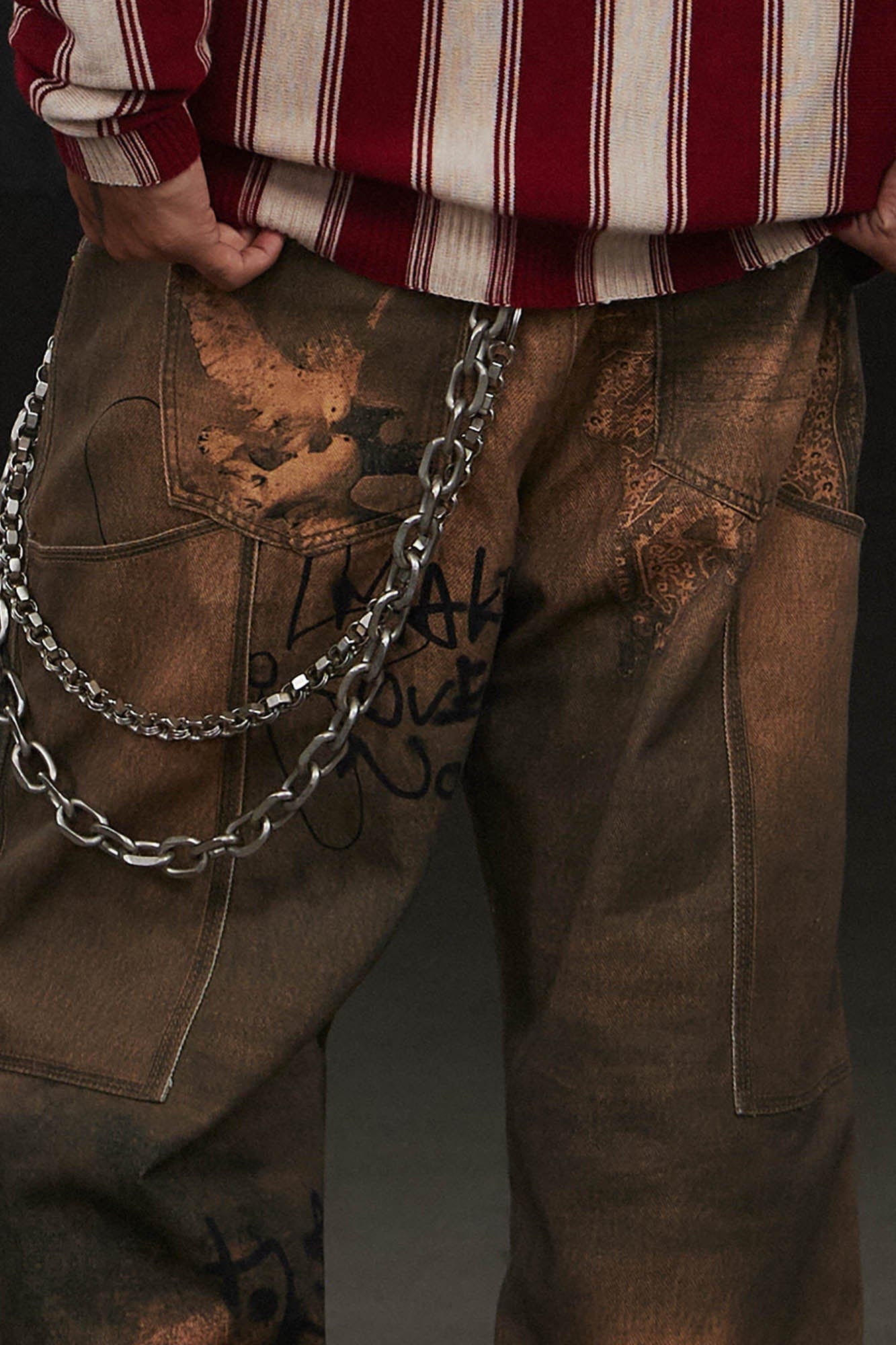 DND4DES Deconstructed Double-Knee Graffiti Wide-Leg Pants, premium urban and streetwear designers apparel on PROJECTISR.com, DND4DES