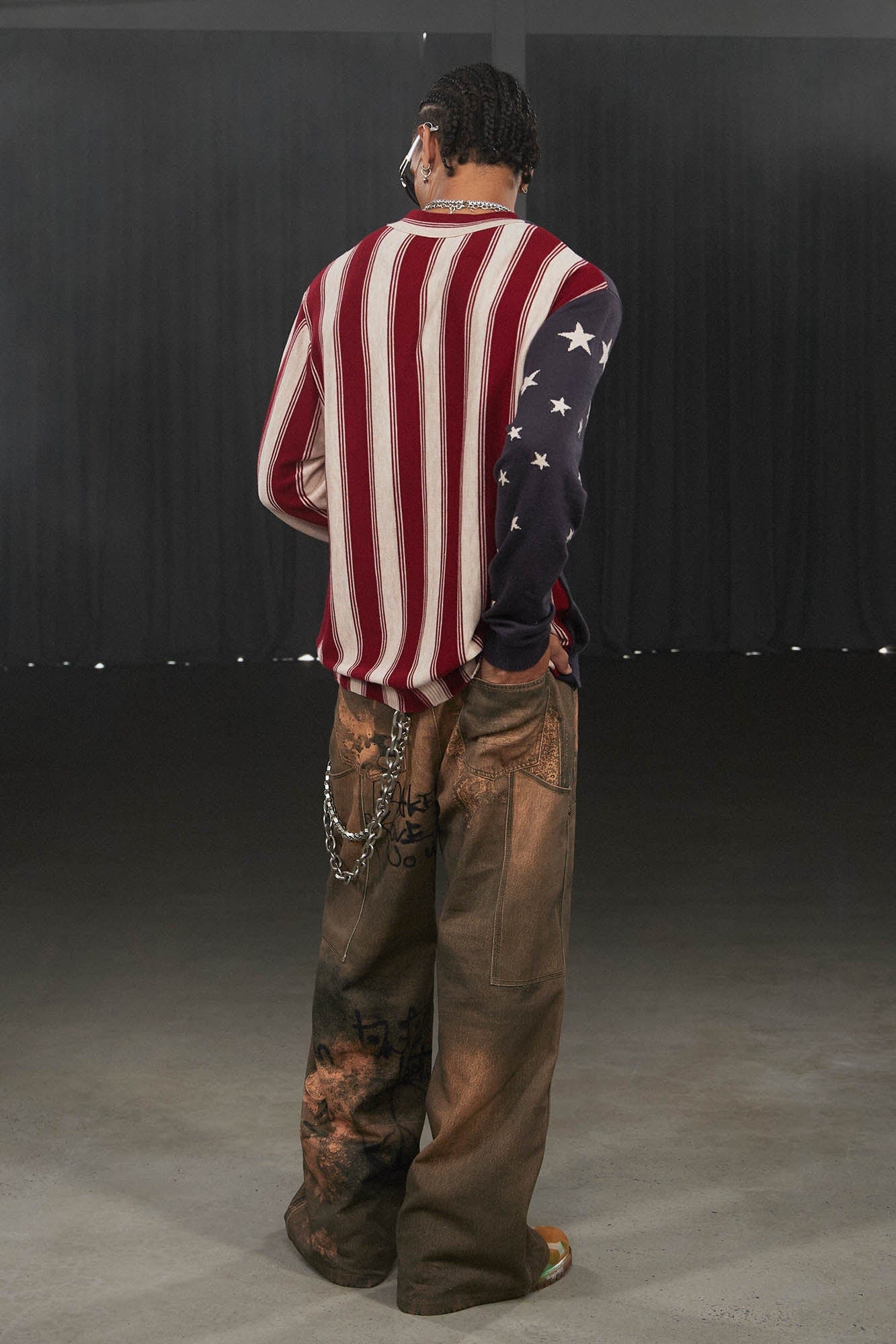 DND4DES Deconstructed Double-Knee Graffiti Wide-Leg Pants, premium urban and streetwear designers apparel on PROJECTISR.com, DND4DES