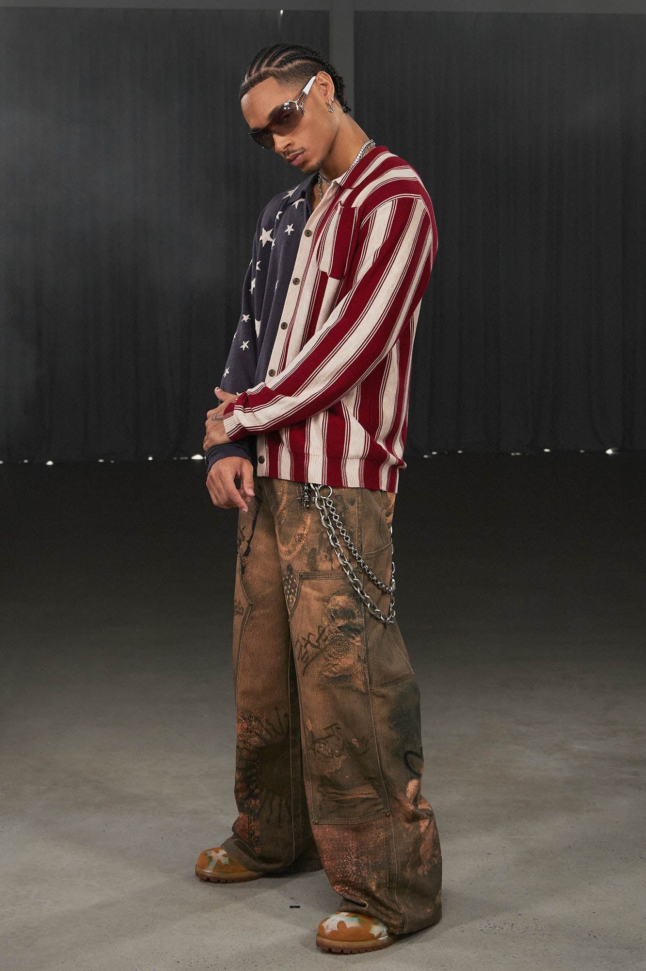 DND4DES Deconstructed Double-Knee Graffiti Wide-Leg Pants, premium urban and streetwear designers apparel on PROJECTISR.com, DND4DES