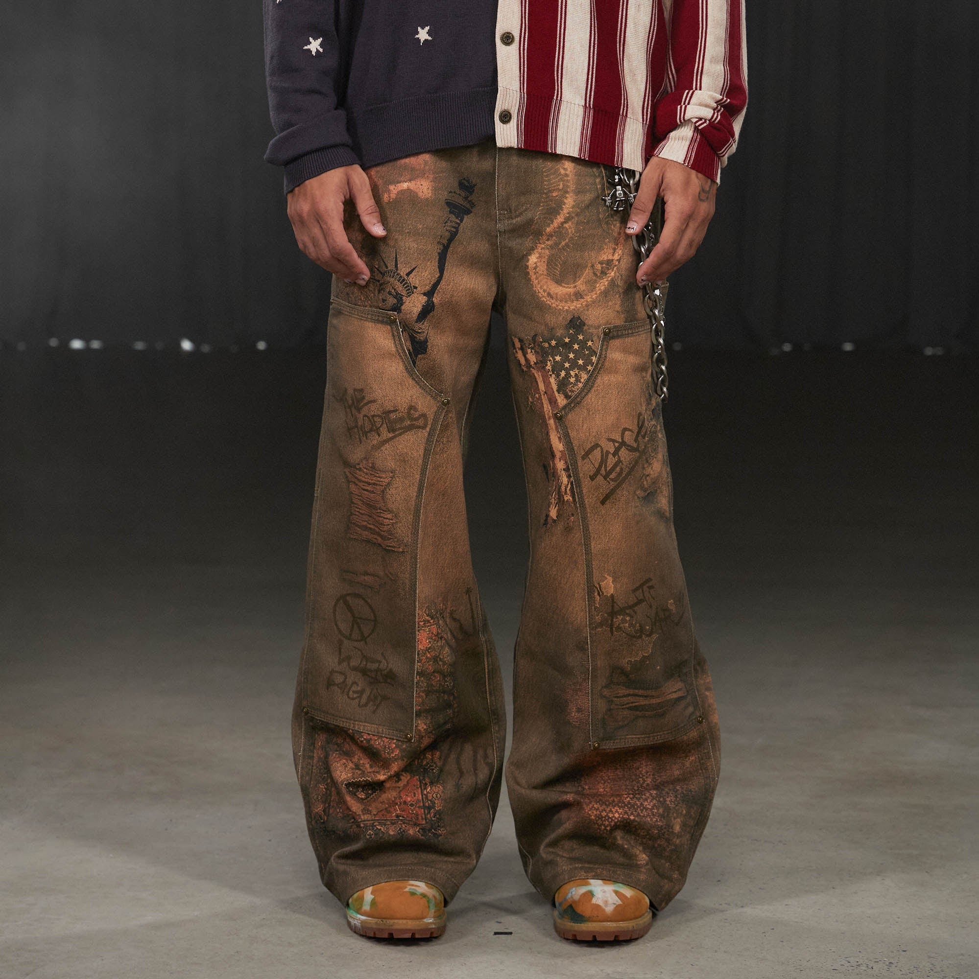 DND4DES Deconstructed Double-Knee Graffiti Wide-Leg Pants, premium urban and streetwear designers apparel on PROJECTISR.com, DND4DES