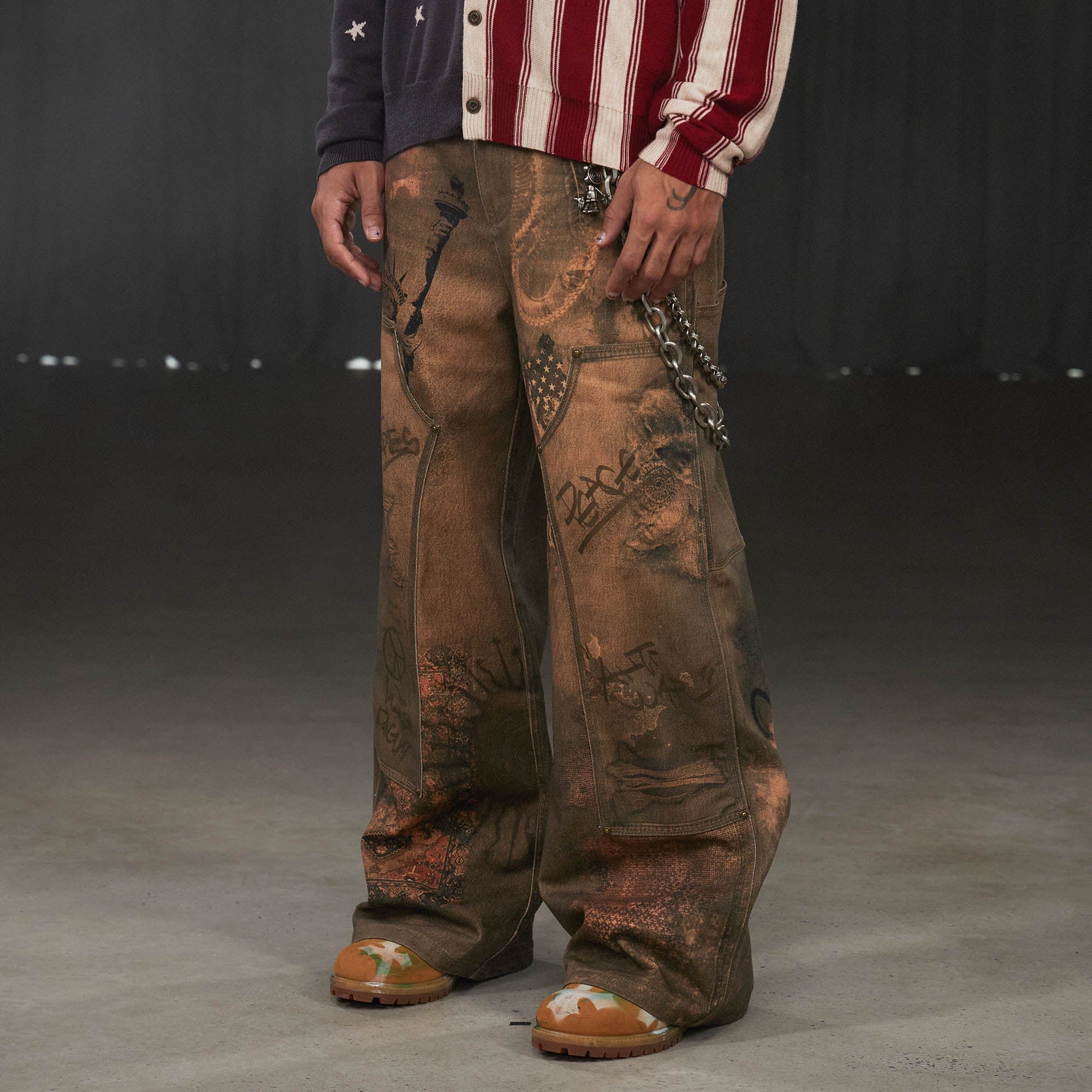 DND4DES Deconstructed Double-Knee Graffiti Wide-Leg Pants, premium urban and streetwear designers apparel on PROJECTISR.com, DND4DES