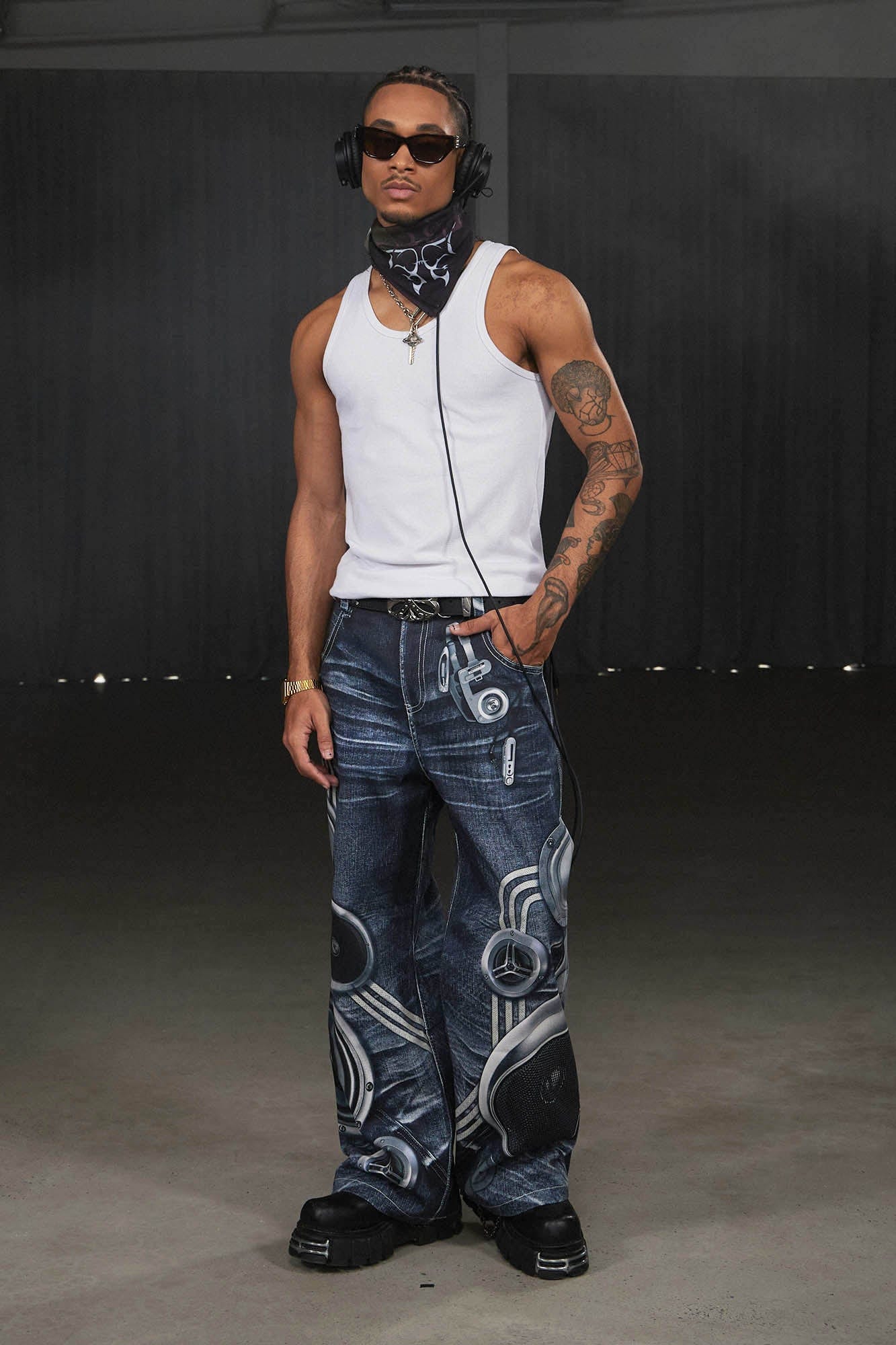 DND4DES Sound System Straight-Leg Pants Blue, premium urban and streetwear designers apparel on PROJECTISR.com, DND4DES