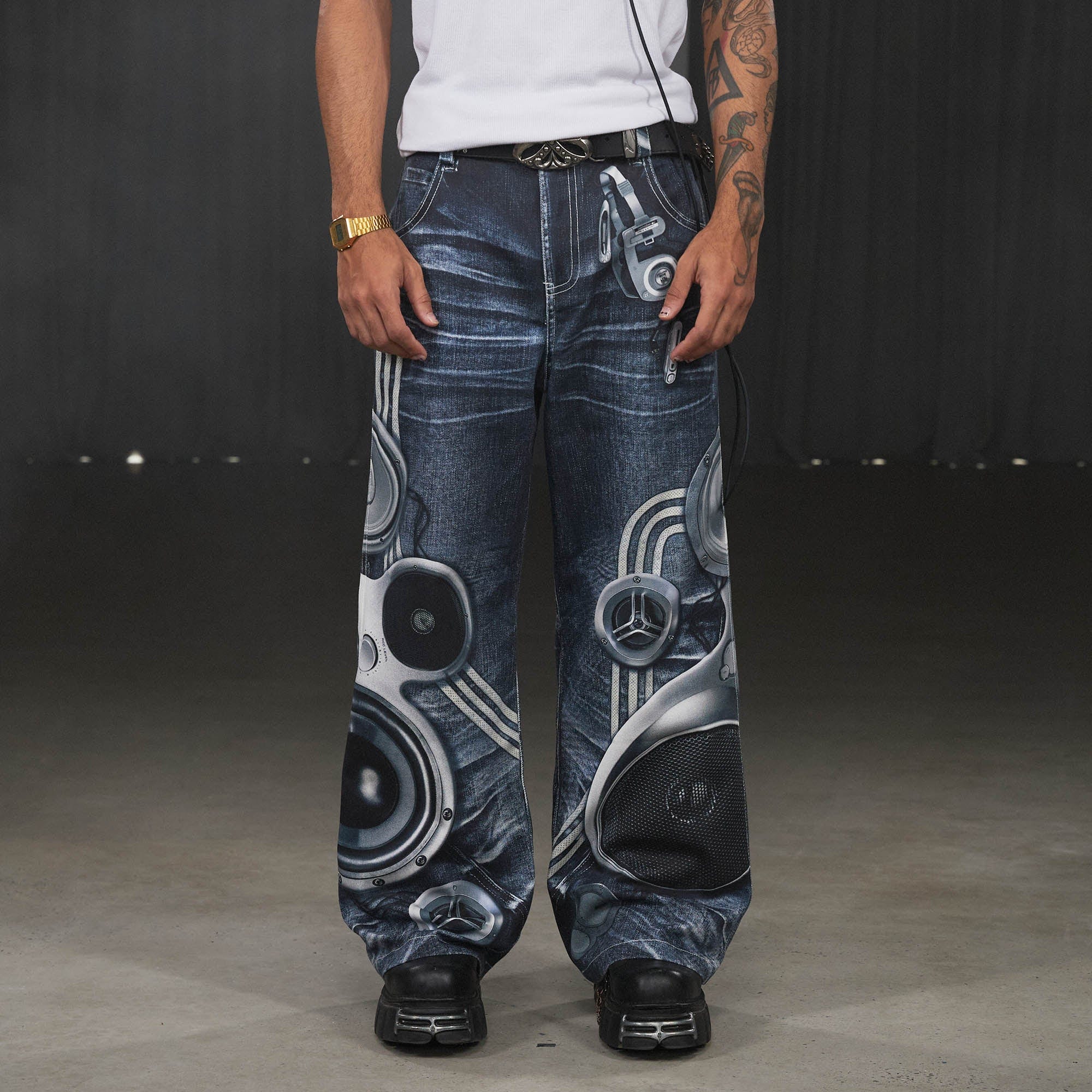 DND4DES Sound System Straight-Leg Pants Blue, premium urban and streetwear designers apparel on PROJECTISR.com, DND4DES