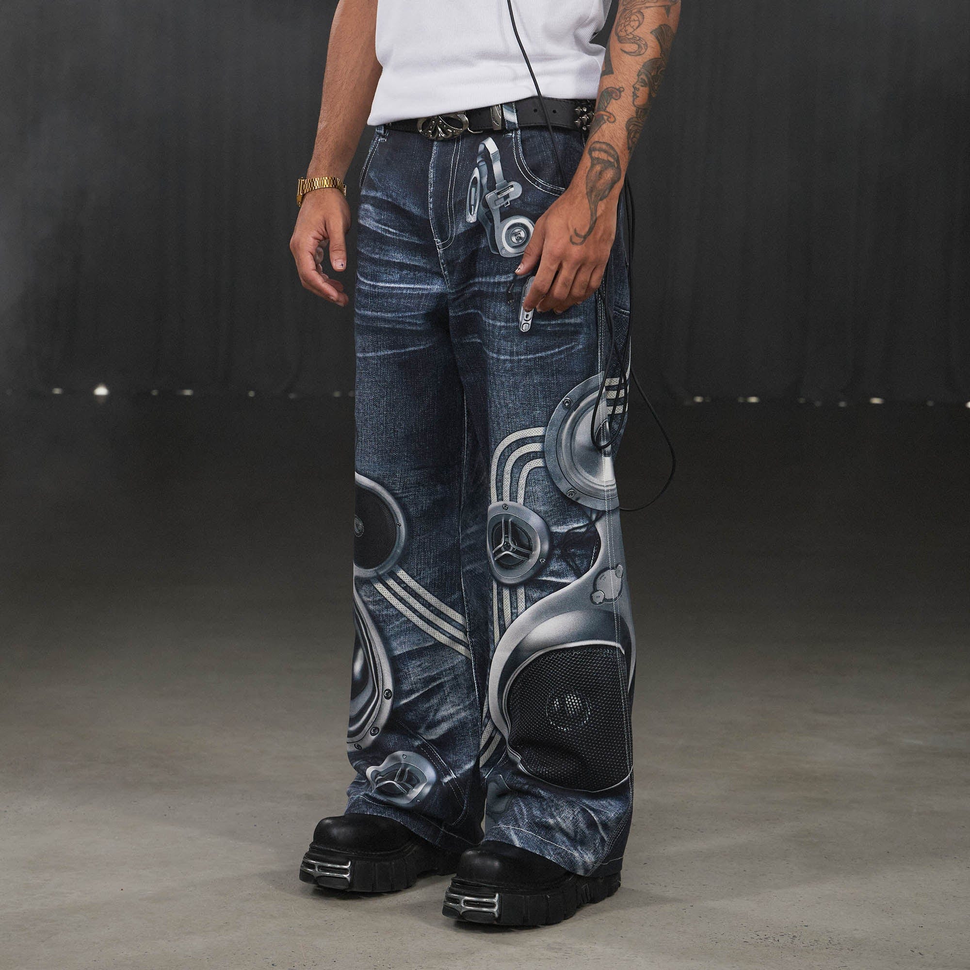 DND4DES Sound System Straight-Leg Pants Blue, premium urban and streetwear designers apparel on PROJECTISR.com, DND4DES