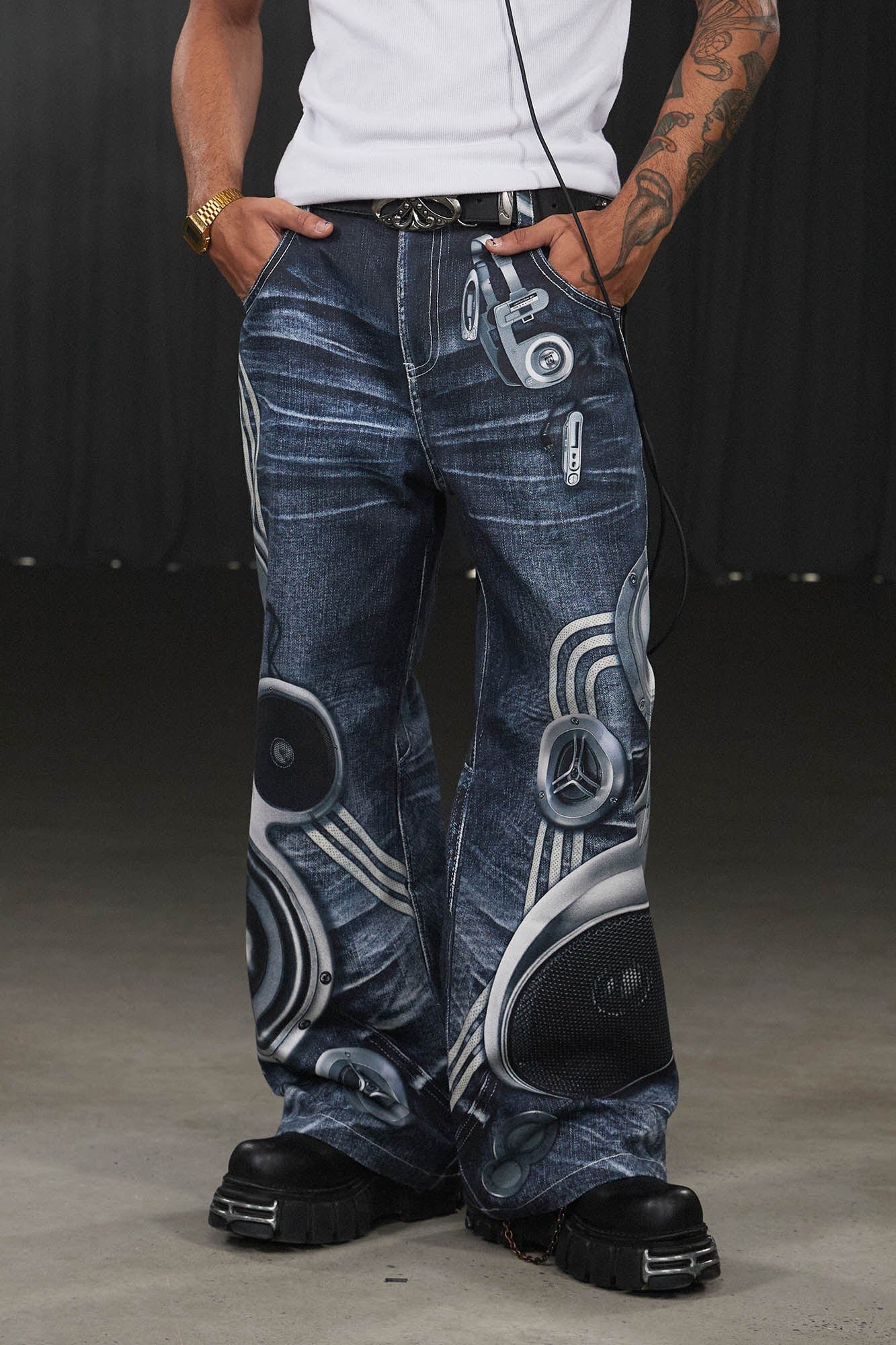 DND4DES Sound System Straight-Leg Pants Blue, premium urban and streetwear designers apparel on PROJECTISR.com, DND4DES