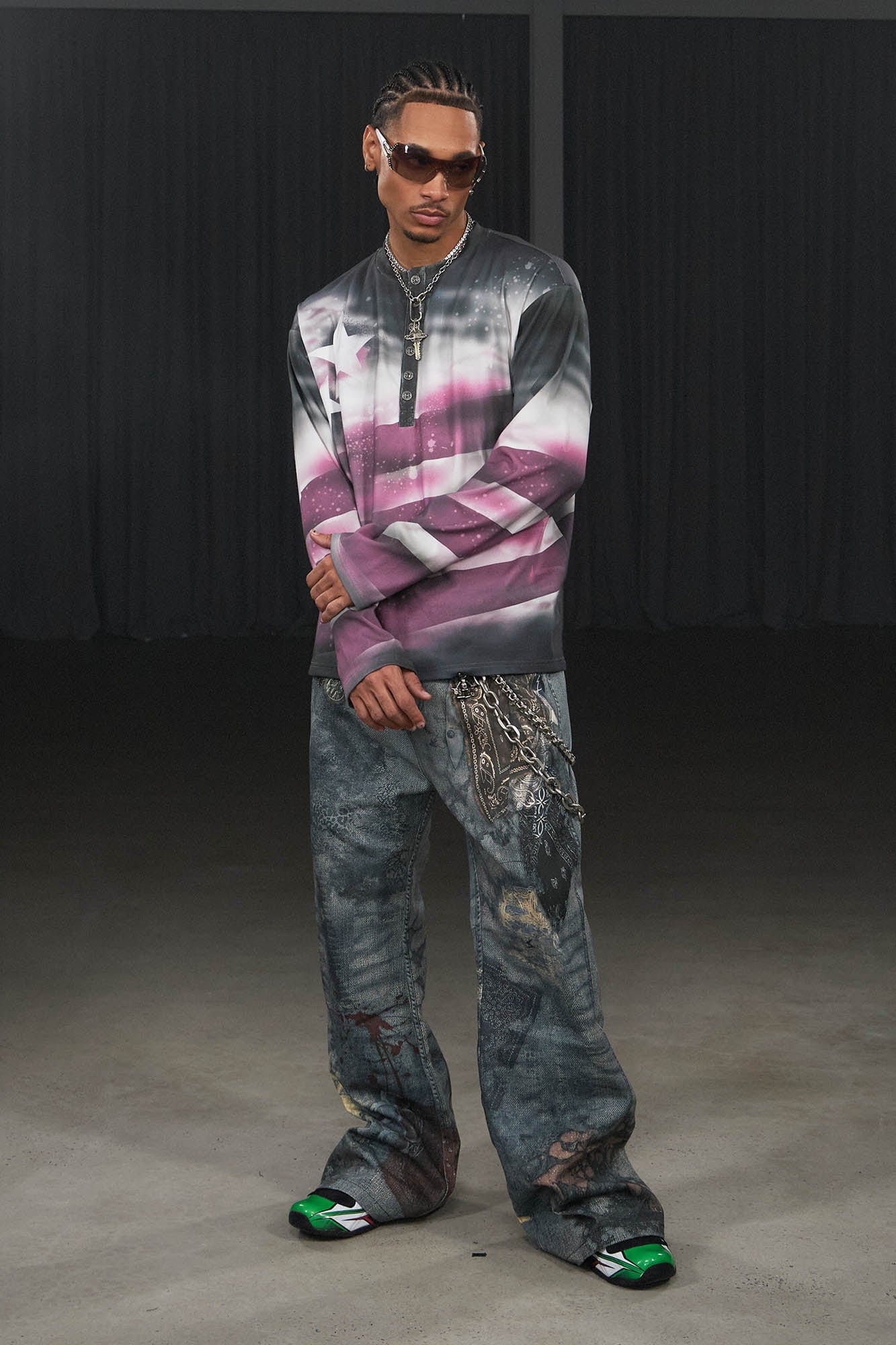 DND4DES Distressed Paisley Bandana Flared Pants, premium urban and streetwear designers apparel on PROJECTISR.com, DND4DES