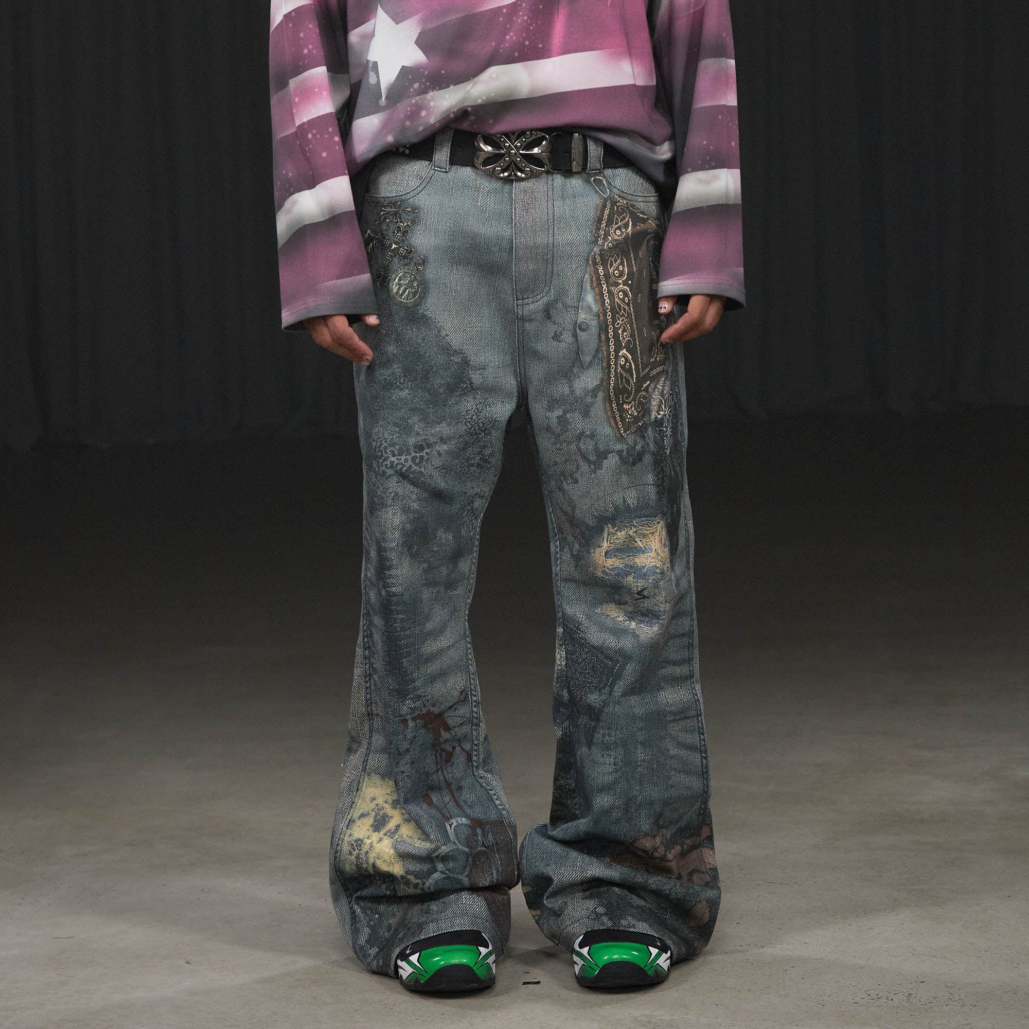 DND4DES Distressed Paisley Bandana Flared Pants, premium urban and streetwear designers apparel on PROJECTISR.com, DND4DES