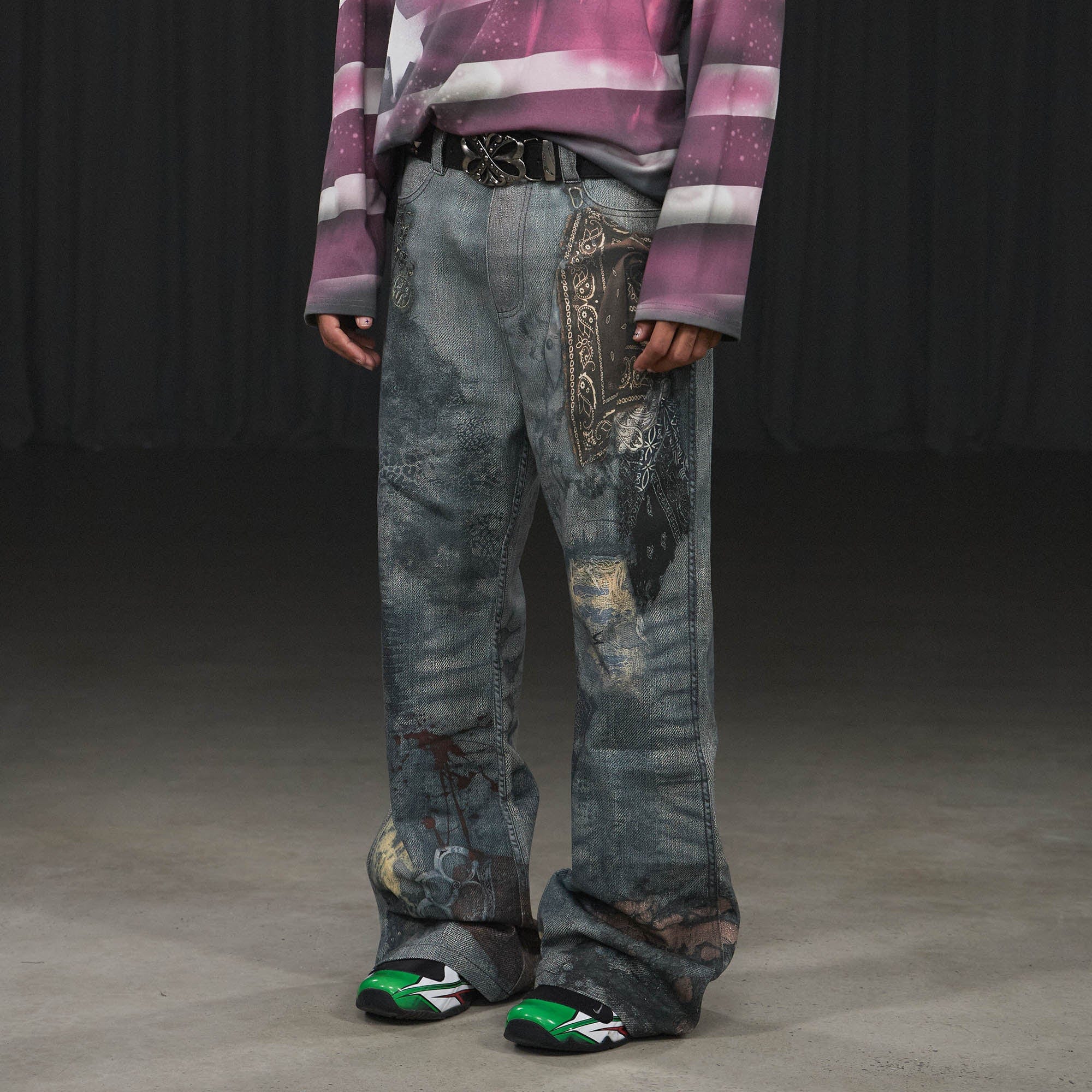 DND4DES Distressed Paisley Bandana Flared Pants, premium urban and streetwear designers apparel on PROJECTISR.com, DND4DES